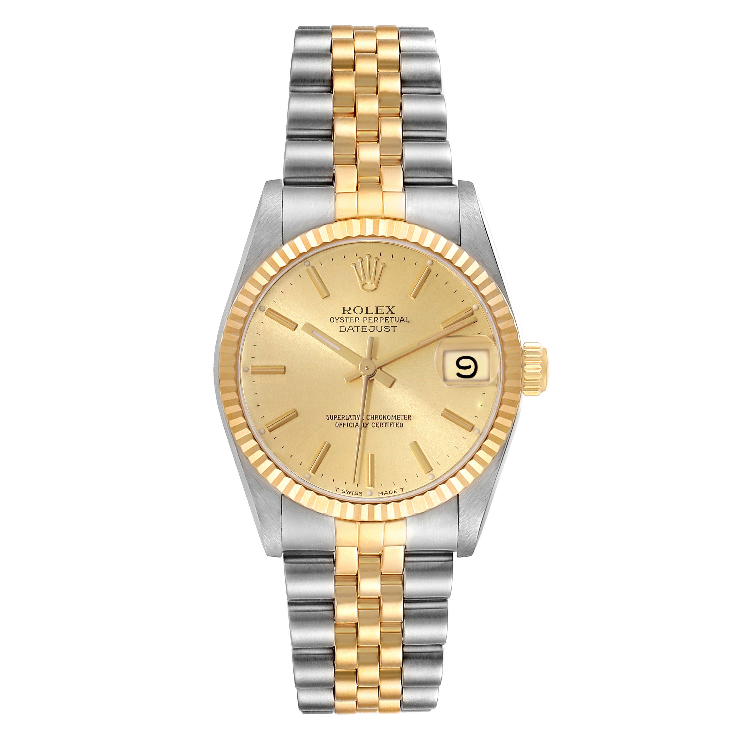 The image shows a frontal view of a Rolex Mid-Size 68273 Women's Steel and Gold (two tone) Champagne Dial 68273 Women's Steel and Gold (two tone) Champagne Dial model watch, displaying its two-tone bracelet, gold dial, and date window.