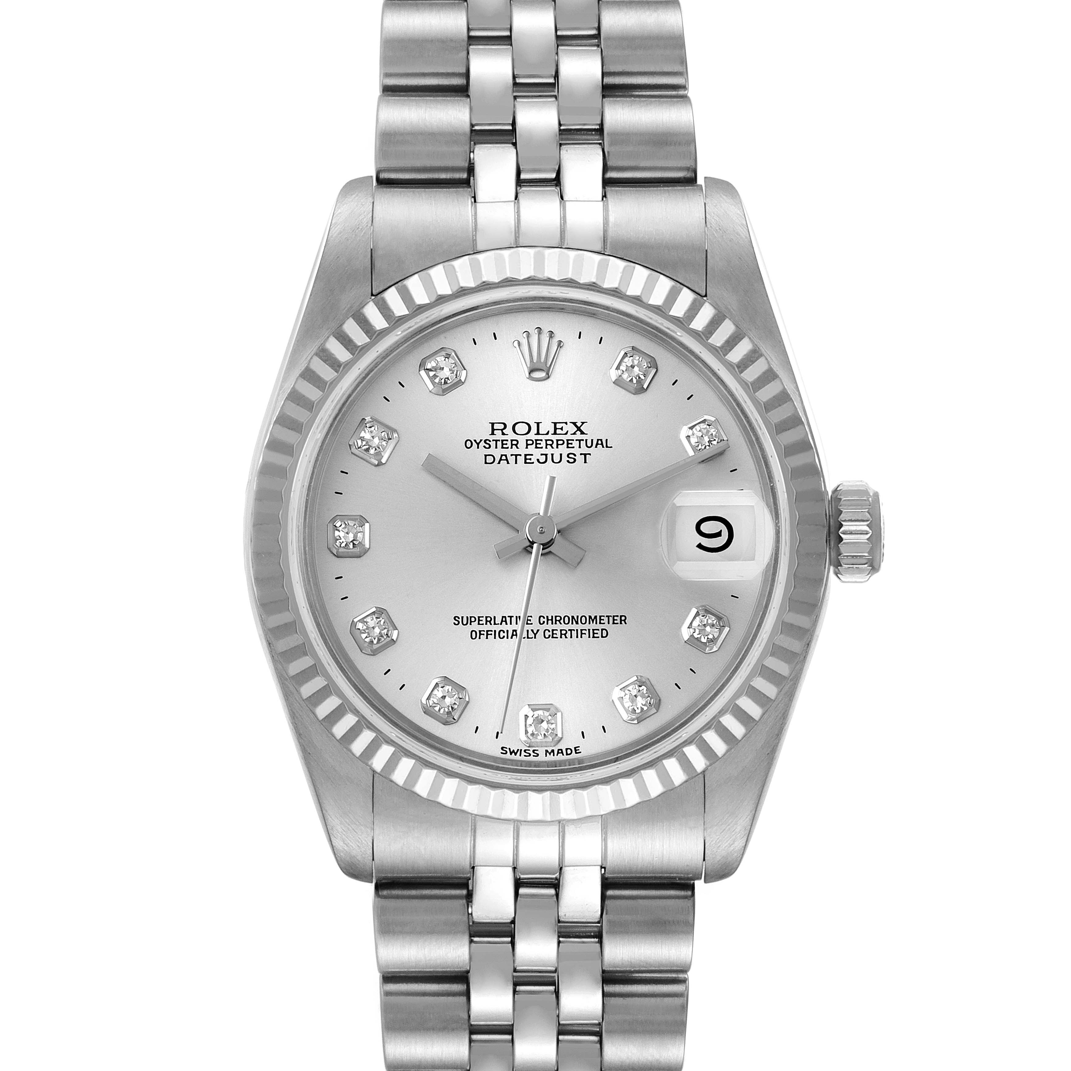 The Rolex Mid-Size 68274 Women's Stainless Steel Silver Dial 68274 Women's Stainless Steel Silver Dial Datejust watch is shown from a front angle, displaying its dial, bezel, and bracelet.