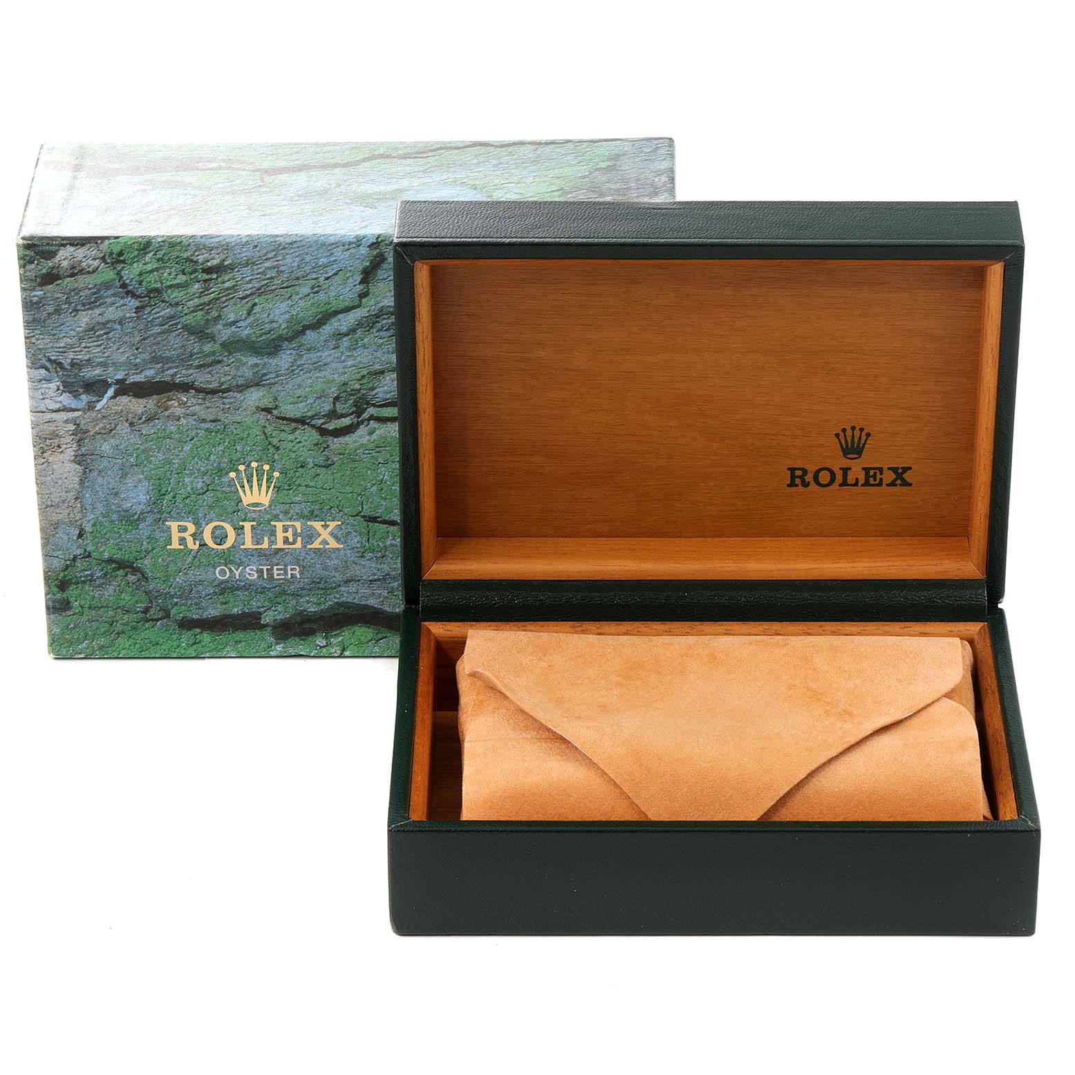This image shows a Rolex Mid-Size 68274 Women's Stainless Steel Silver Dial 68274 Women's Stainless Steel Silver Dial watch box and an inner leather pouch, with the outer box partially visible.