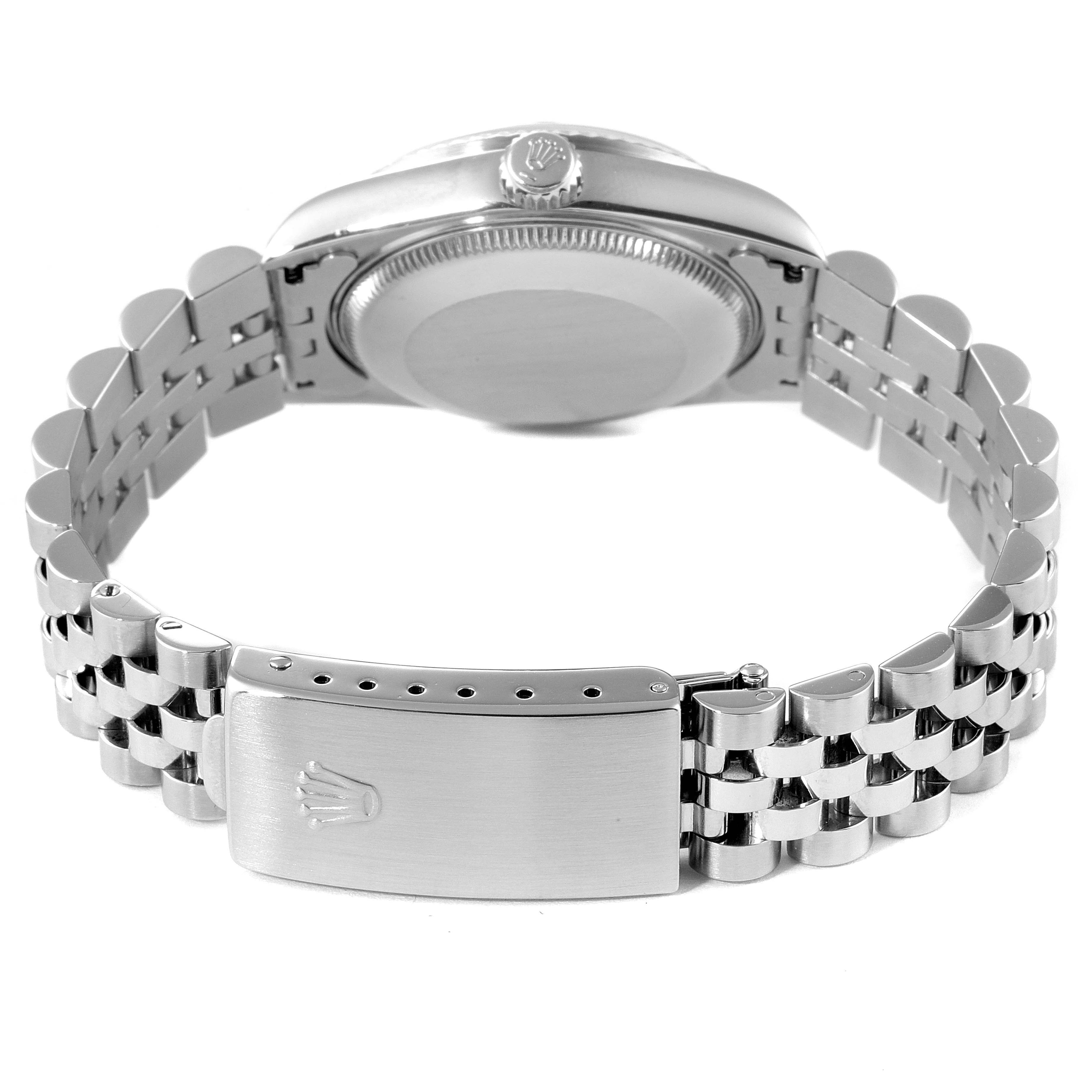 This image shows the back view of the Rolex Mid-Size 68274 Women's Stainless Steel Silver Dial 68274 Women's Stainless Steel Silver Dial model, including the closed clasp and bracelet links.