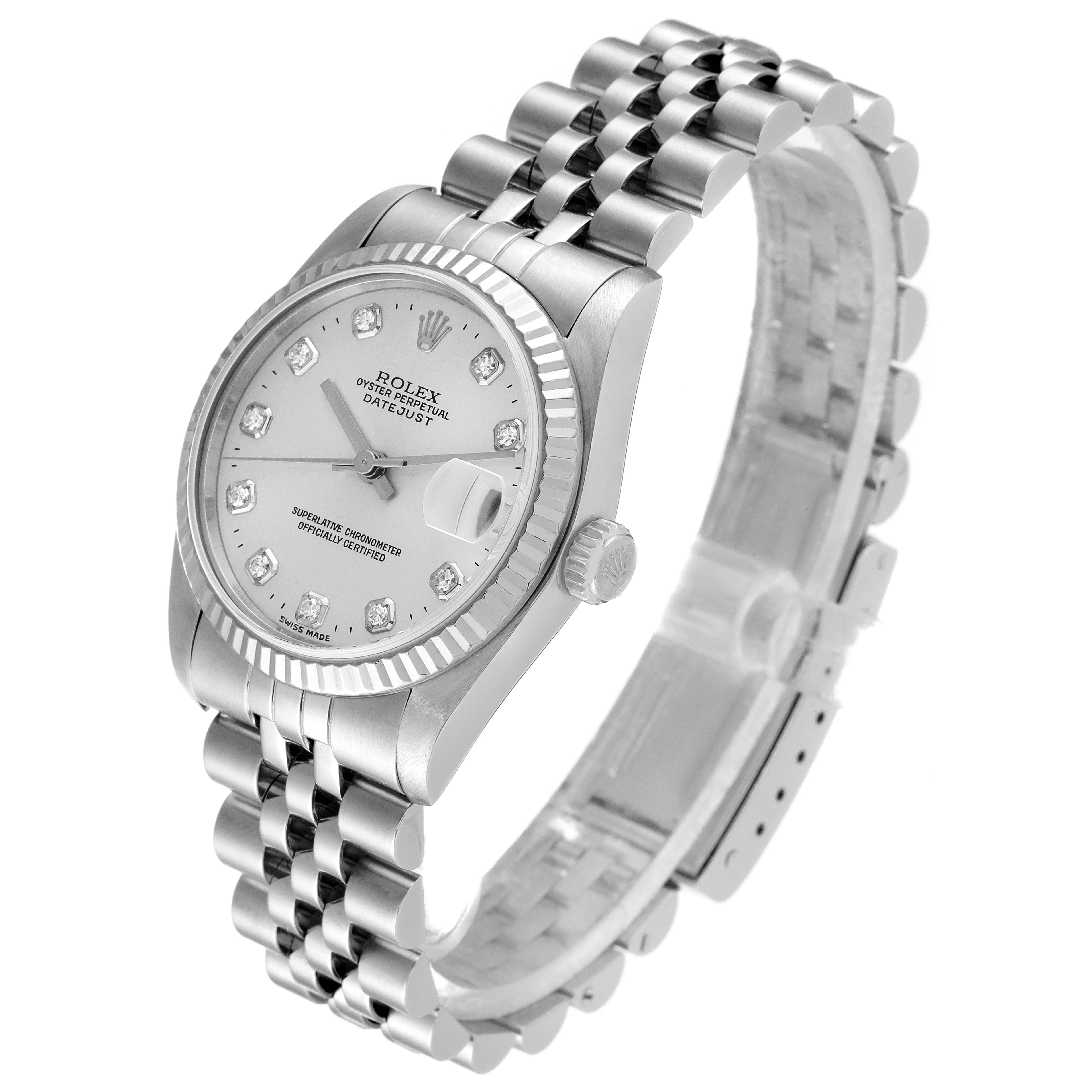 This image shows a side-angle view of the Rolex Mid-Size 68274 Women's Stainless Steel Silver Dial 68274 Women's Stainless Steel Silver Dial Oyster Perpetual Datejust, highlighting the face, bezel, and bracelet.