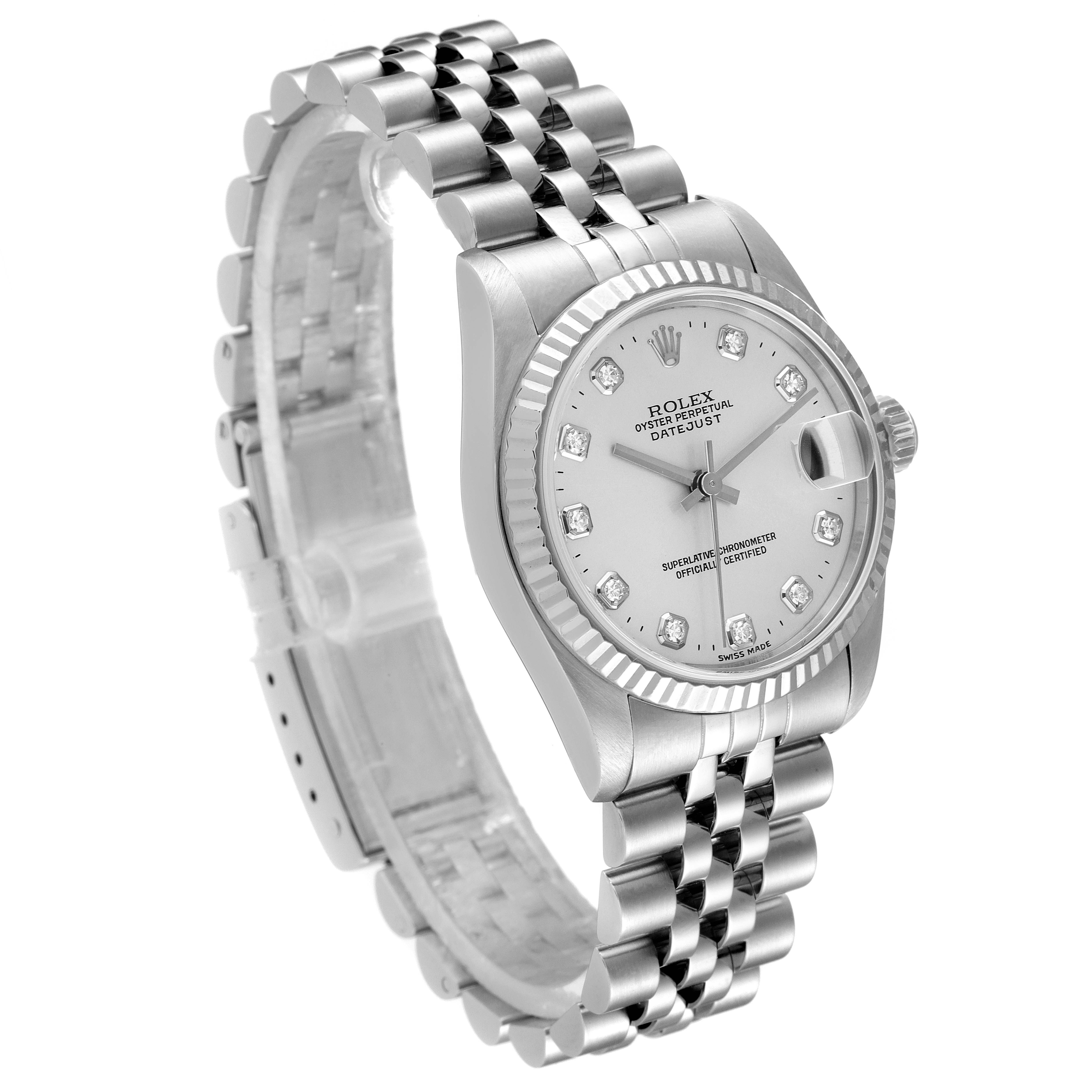 The image shows a Mid-Size Rolex Datejust watch at an oblique angle highlighting the bracelet, case, dial, and crown.