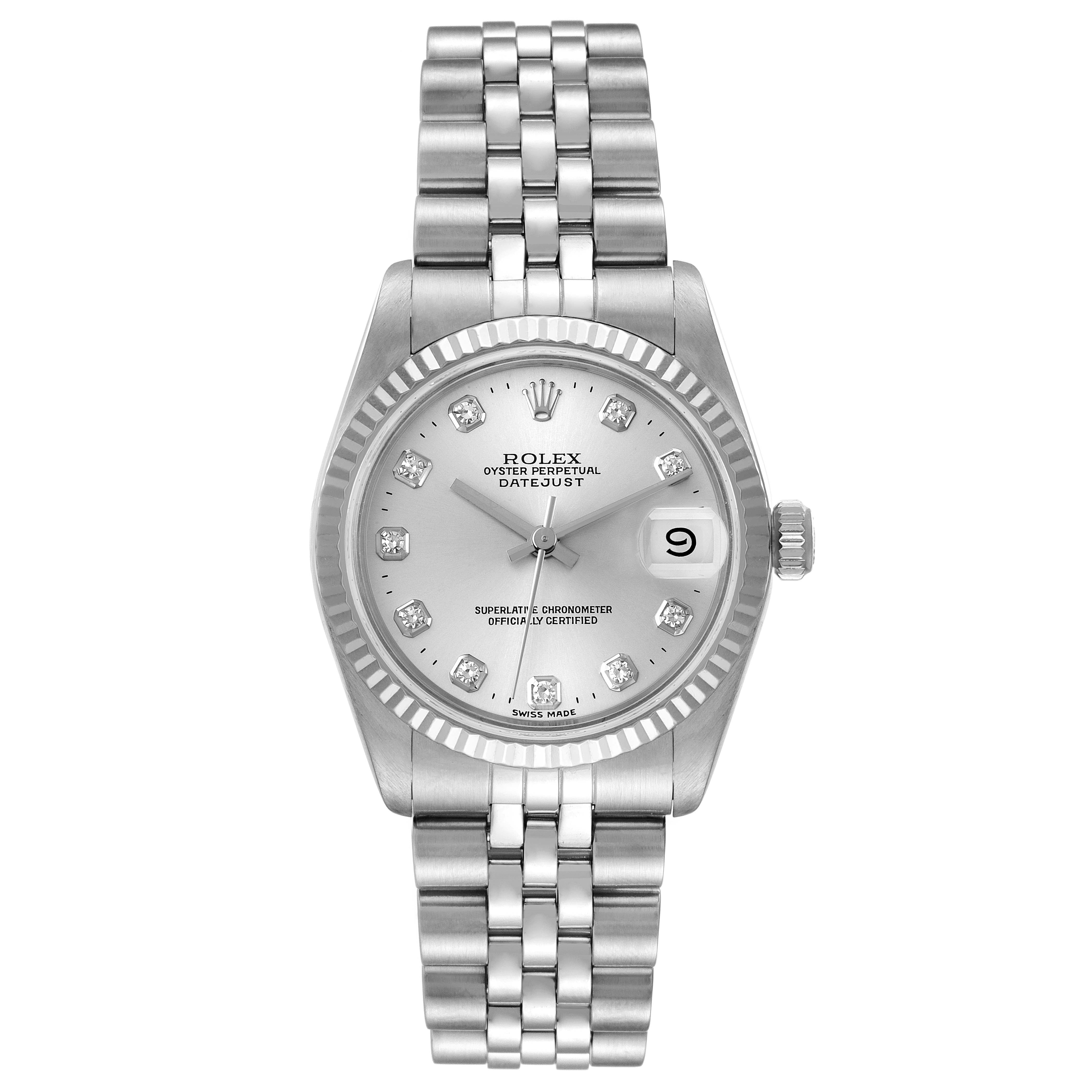 The image shows the front view of a Rolex Mid-Size 68274 Women's Stainless Steel Silver Dial 68274 Women's Stainless Steel Silver Dial Oyster Perpetual Datejust watch, displaying the dial, bezel, and bracelet.