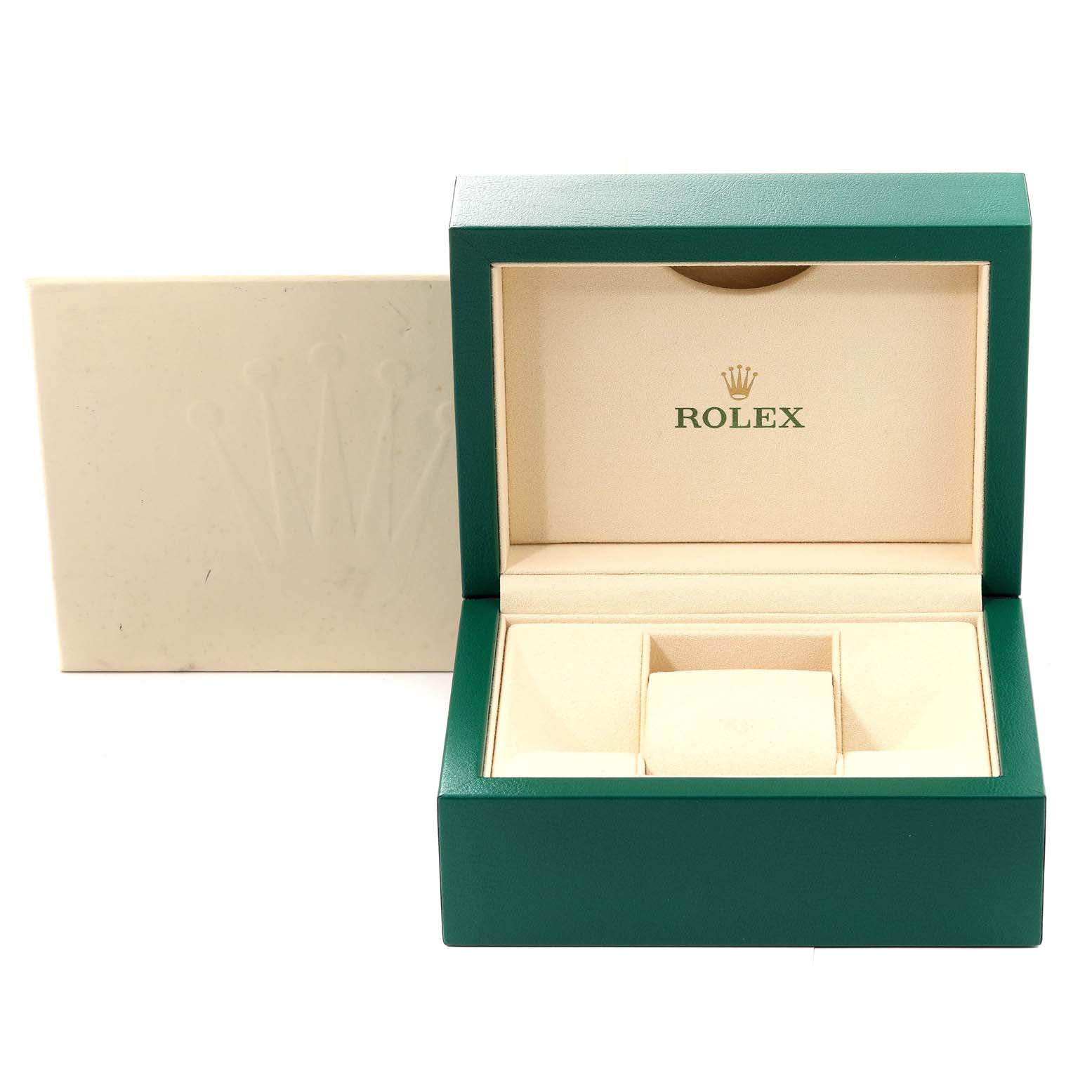 This image shows an empty Rolex Mid-Size 178274 Women's Stainless Steel Pink Dial 178274 Women's Stainless Steel Pink Dial watch box with a green exterior and beige interior, featuring the brand logo.