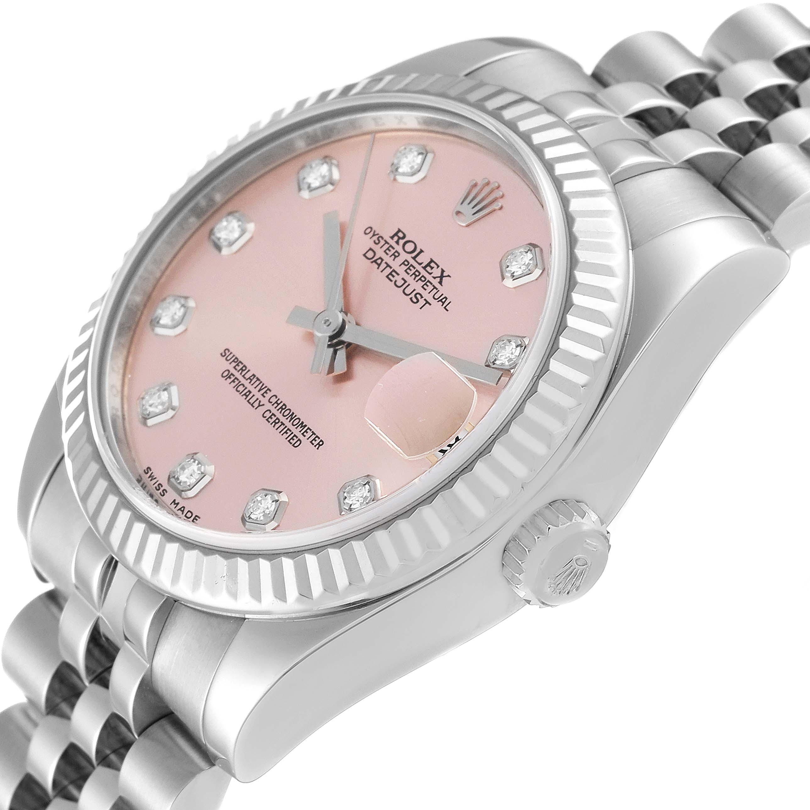 The image shows a close-up of the dial, bezel, case, and part of the bracelet of a Rolex Mid-Size 178274 Women's Stainless Steel Pink Dial 178274 Women's Stainless Steel Pink Dial Datejust watch.