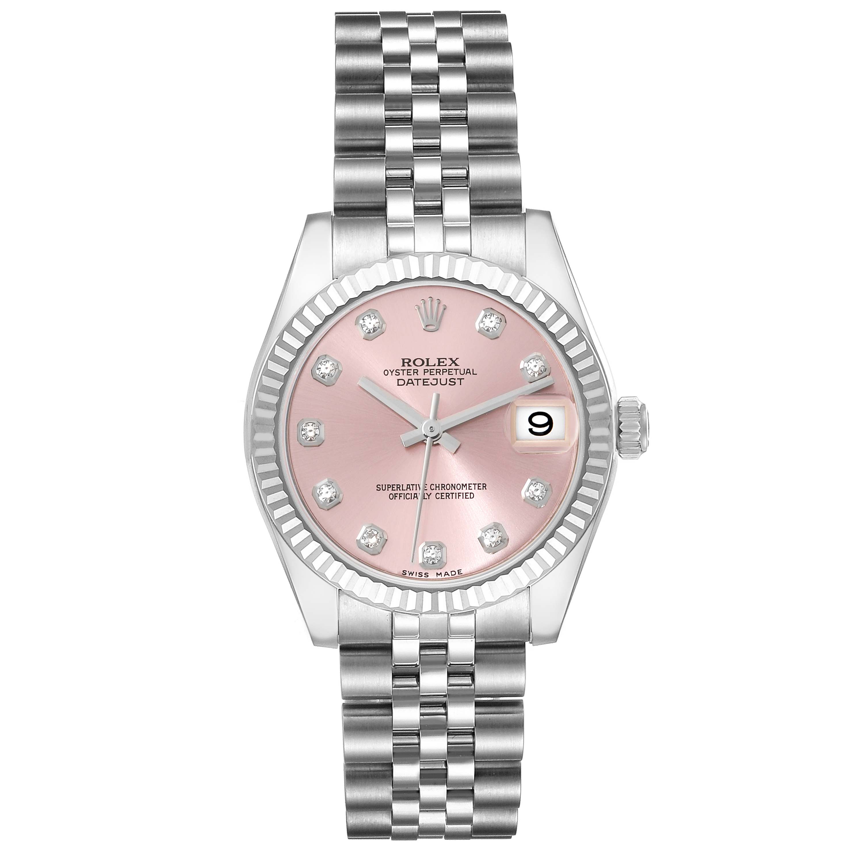 The image shows a front view of the Rolex Mid-Size 178274 Women's Stainless Steel Pink Dial 178274 Women's Stainless Steel Pink Dial Oyster Perpetual Datejust watch featuring a pink dial and diamond markers.