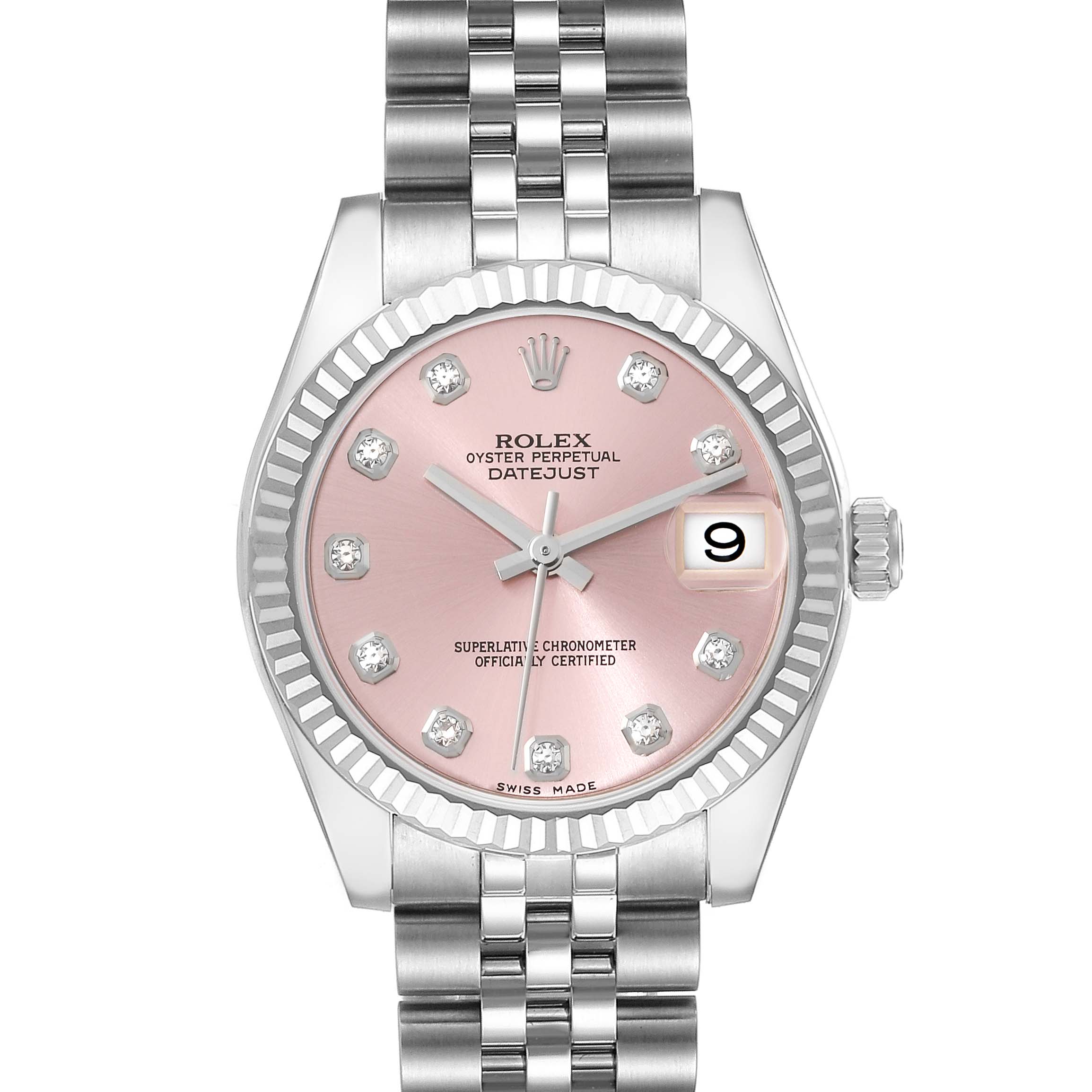 This image shows a front view of a Rolex Mid-Size 178274 Women's Stainless Steel Pink Dial 178274 Women's Stainless Steel Pink Dial Datejust watch, displaying the dial, bezel, and bracelet.