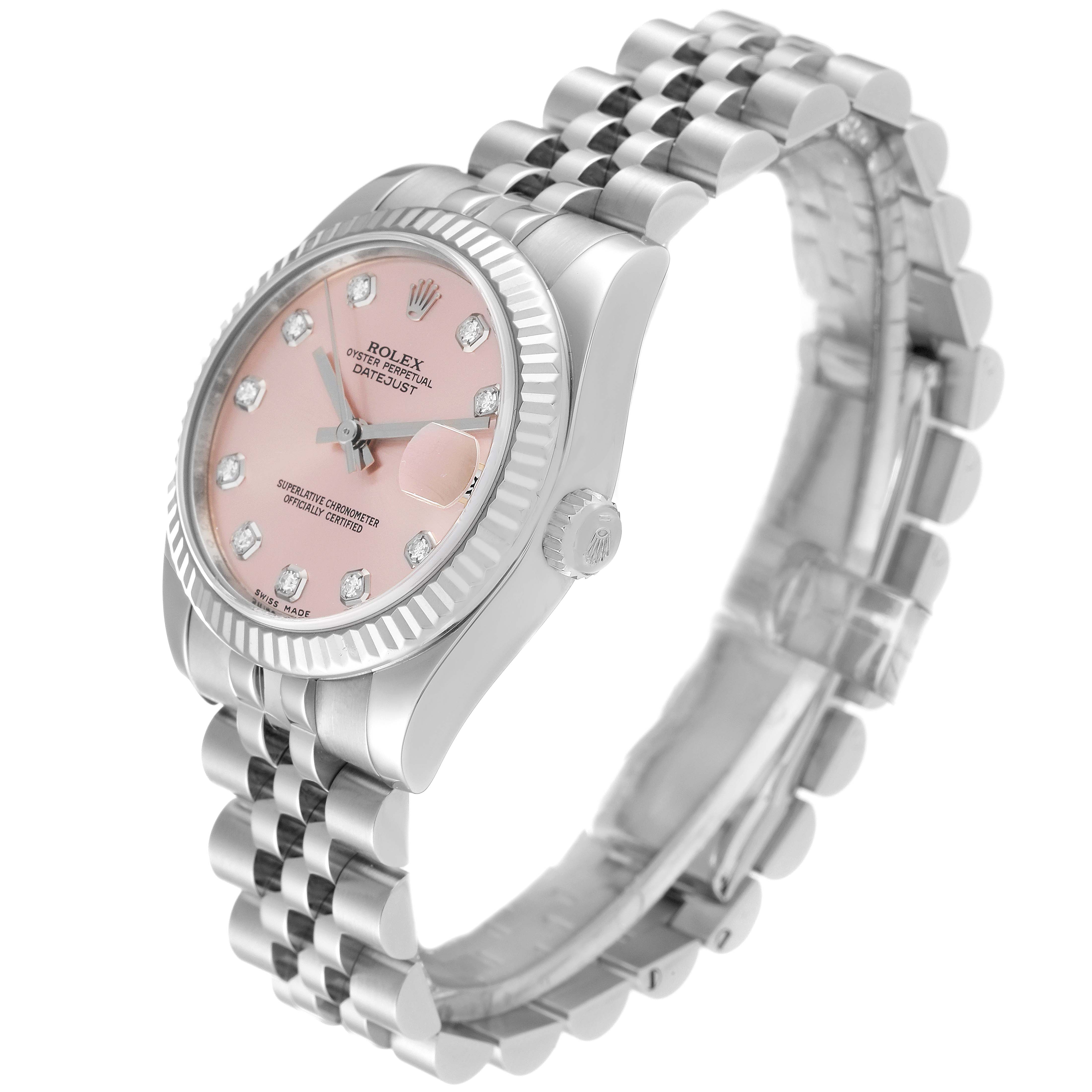 The image shows a Rolex Mid-Size 178274 Women's Stainless Steel Pink Dial 178274 Women's Stainless Steel Pink Dial watch at a three-quarter angle, highlighting its pink dial, fluted bezel, and Jubilee bracelet.