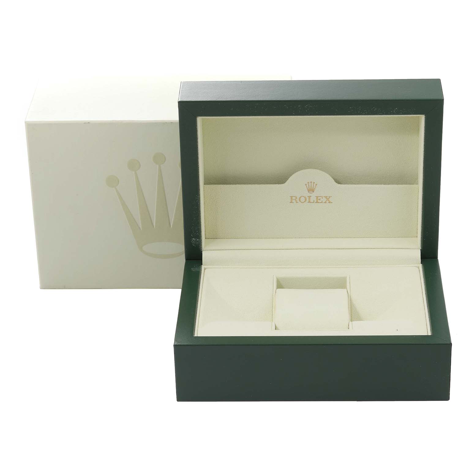 This image shows an open Rolex Datejust 116244 Men's Stainless Steel Mother of Pearl Dial 116244 Men's Stainless Steel Mother of Pearl Dial watch box with its lid up, revealing the interior compartments.