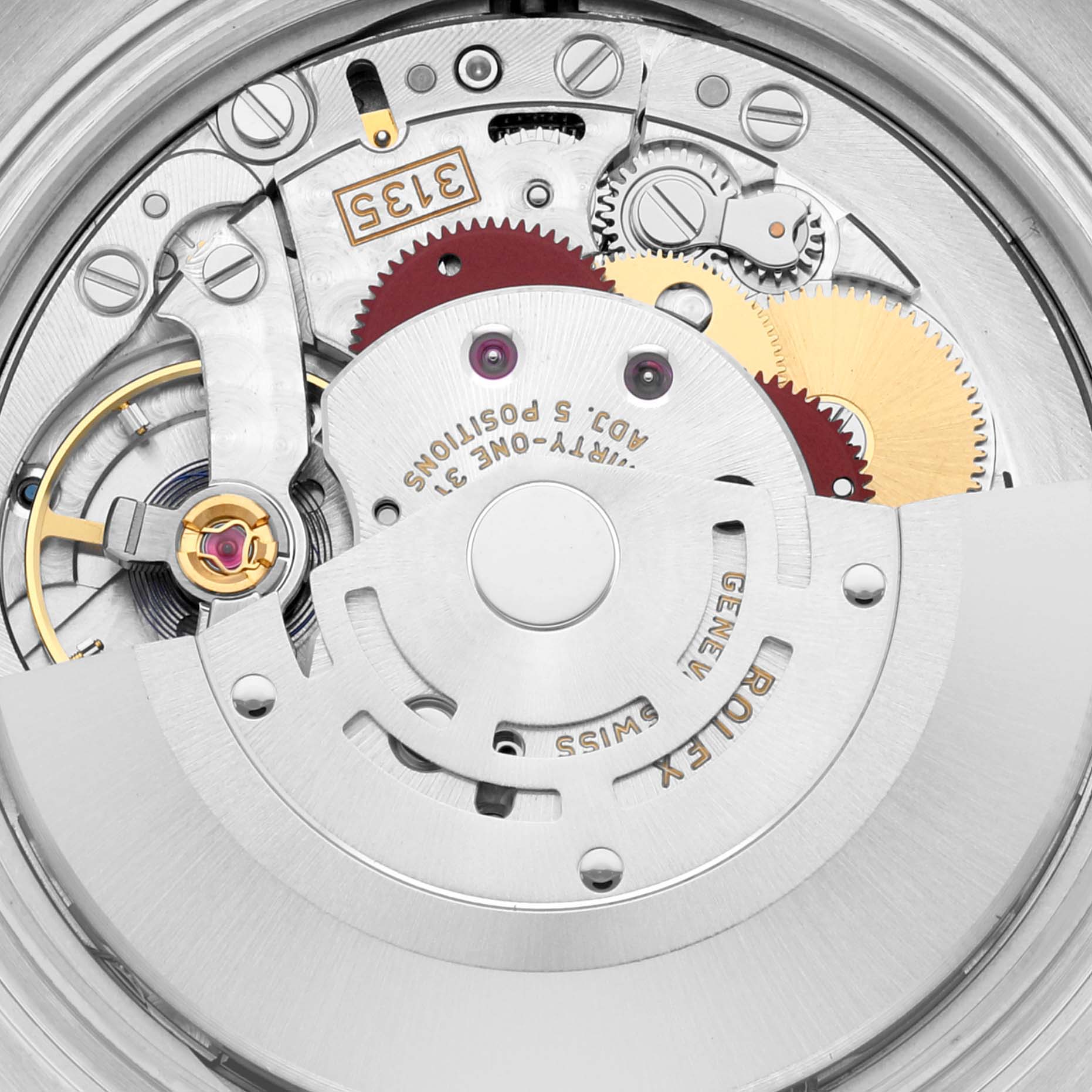 This image shows the internal mechanical movements of a Rolex Datejust 116244 Men's Stainless Steel Mother of Pearl Dial 116244 Men's Stainless Steel Mother of Pearl Dial watch, including gears, balance wheel, and rotor.