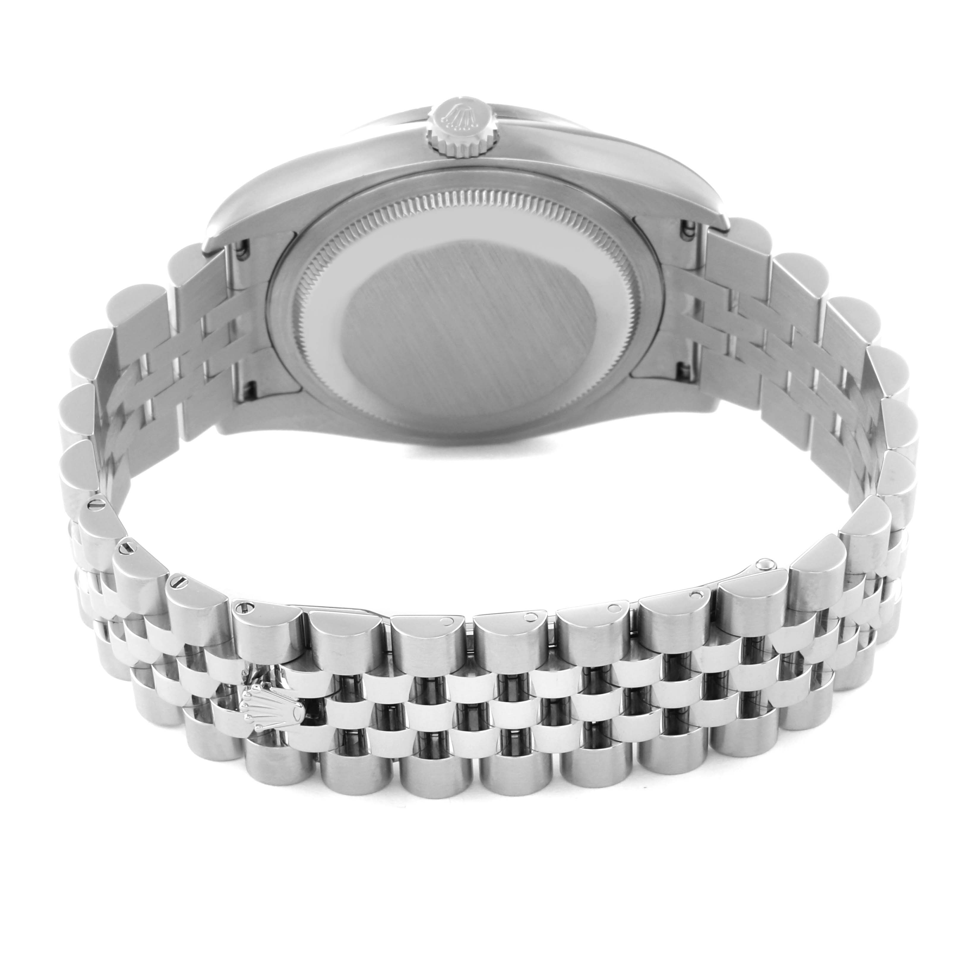 The image shows the back case and bracelet of a Rolex Datejust 116244 Men's Stainless Steel Mother of Pearl Dial 116244 Men's Stainless Steel Mother of Pearl Dial watch from a rear angle.