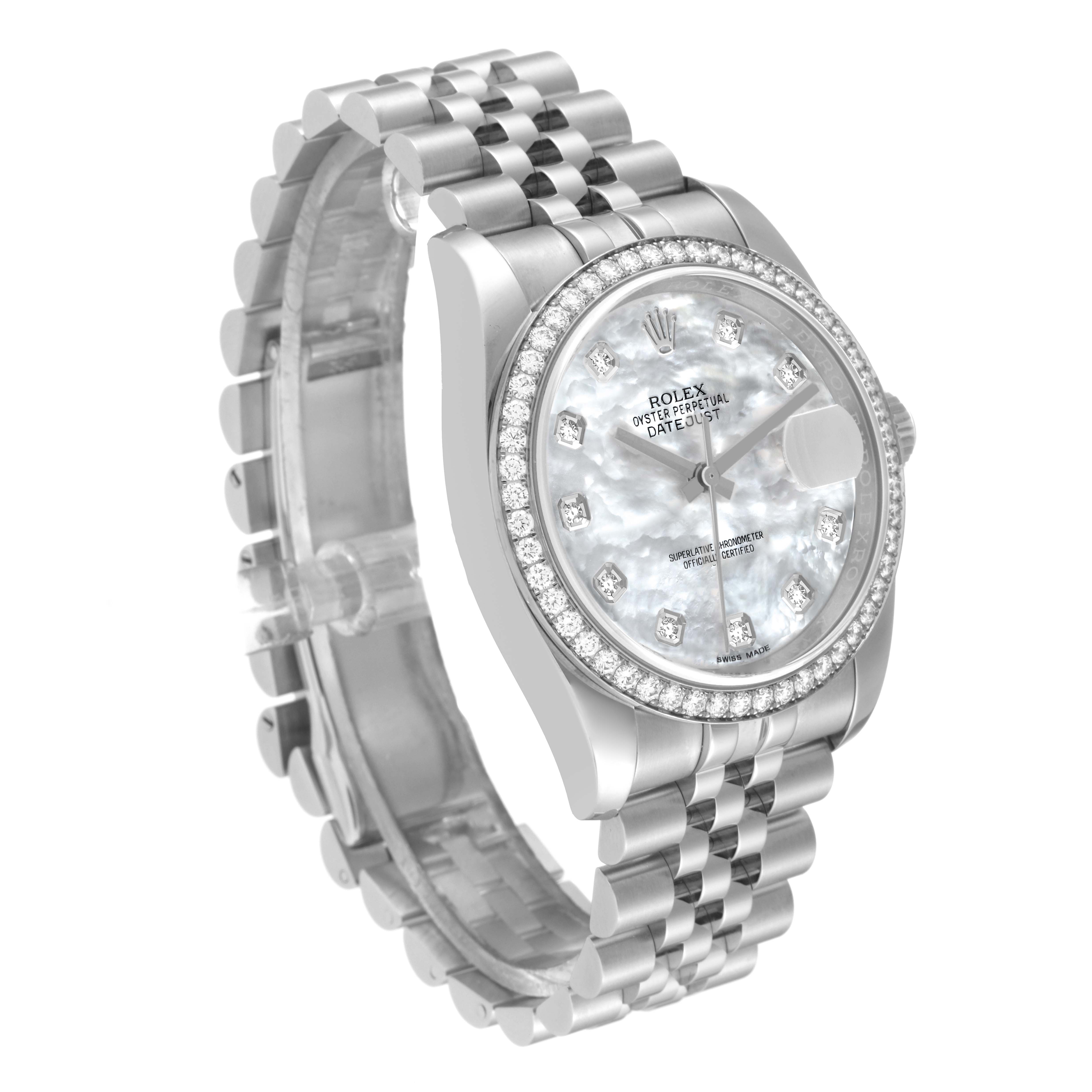 The Rolex Datejust 116244 Men's Stainless Steel Mother of Pearl Dial 116244 Men's Stainless Steel Mother of Pearl Dial watch is shown at an angle displaying its face, bezel, crown, and part of the bracelet.