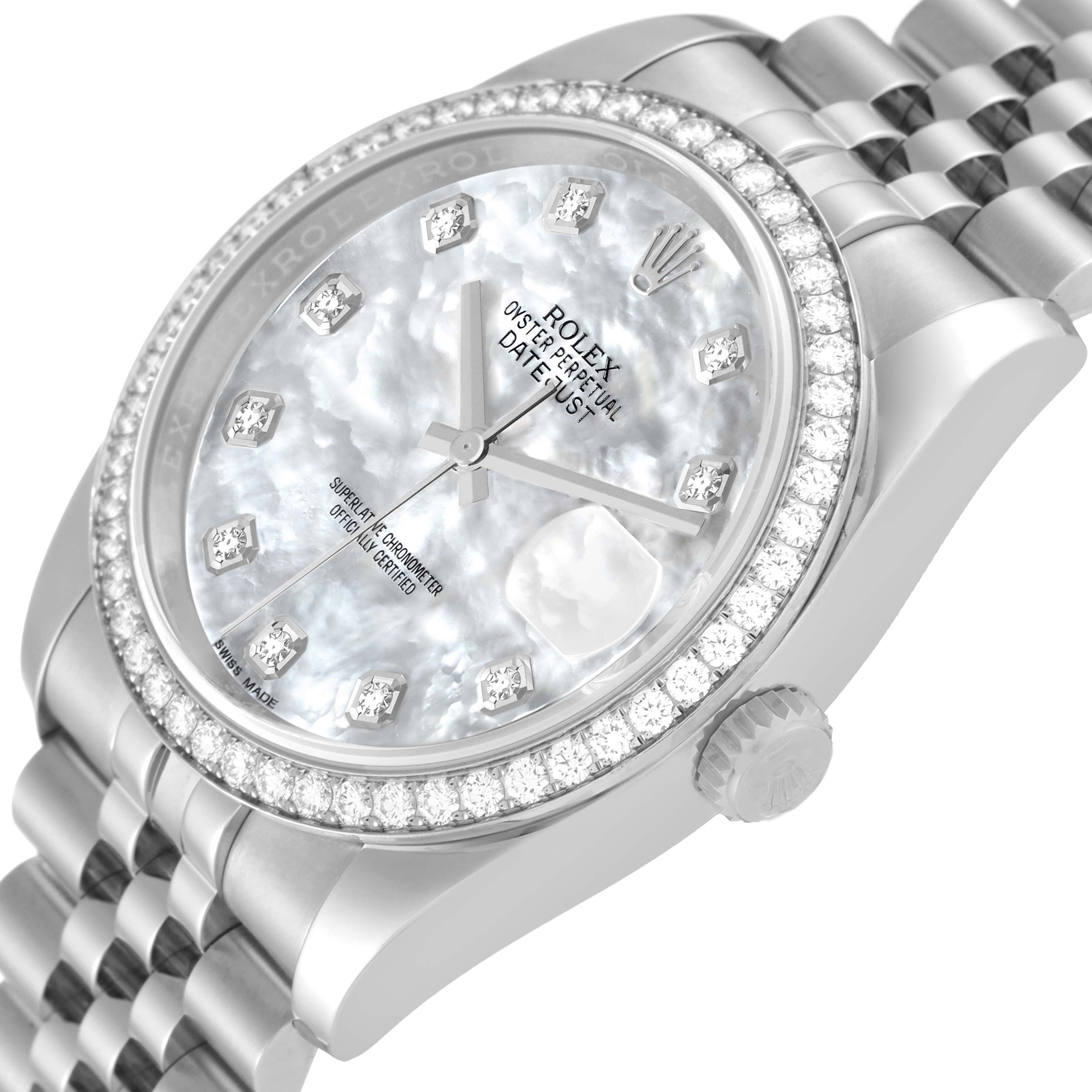 This image shows a close-up angled view of a Rolex Datejust 116244 Men's Stainless Steel Mother of Pearl Dial 116244 Men's Stainless Steel Mother of Pearl Dial watch, highlighting the dial, bezel, and crown.
