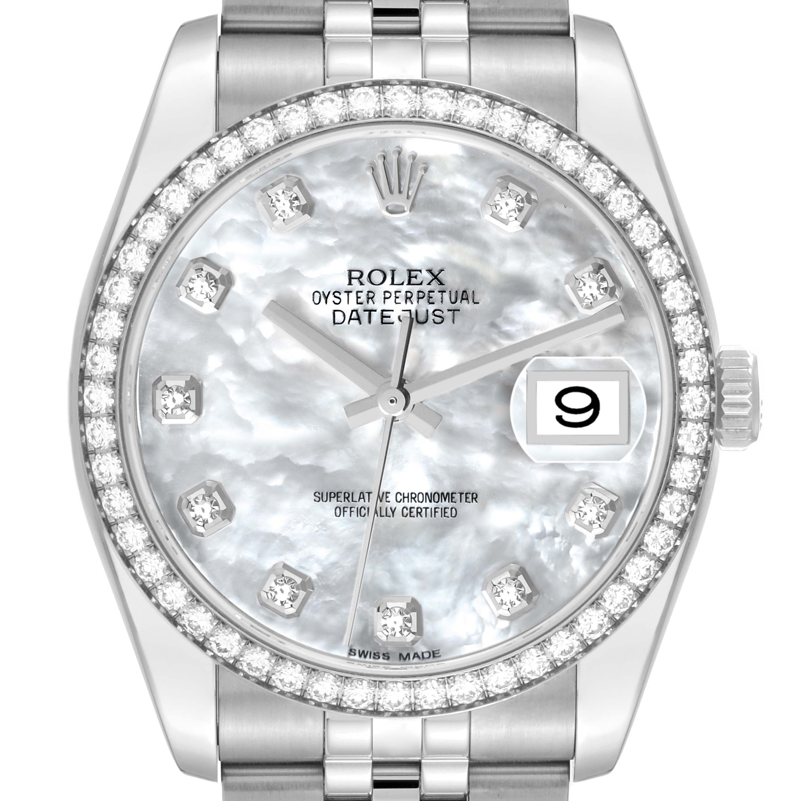 This image shows the face of a Rolex Datejust 116244 Men's Stainless Steel Mother of Pearl Dial 116244 Men's Stainless Steel Mother of Pearl Dial watch with a mother-of-pearl dial and diamond bezel, viewed from the front.