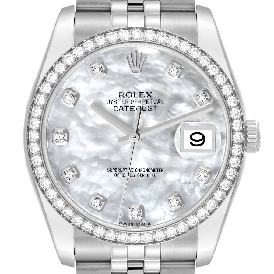 Rolex Datejust Mother of Pearl Diamond Dial Bezel Steel Mens Watch 116244 SwissWatchExpo