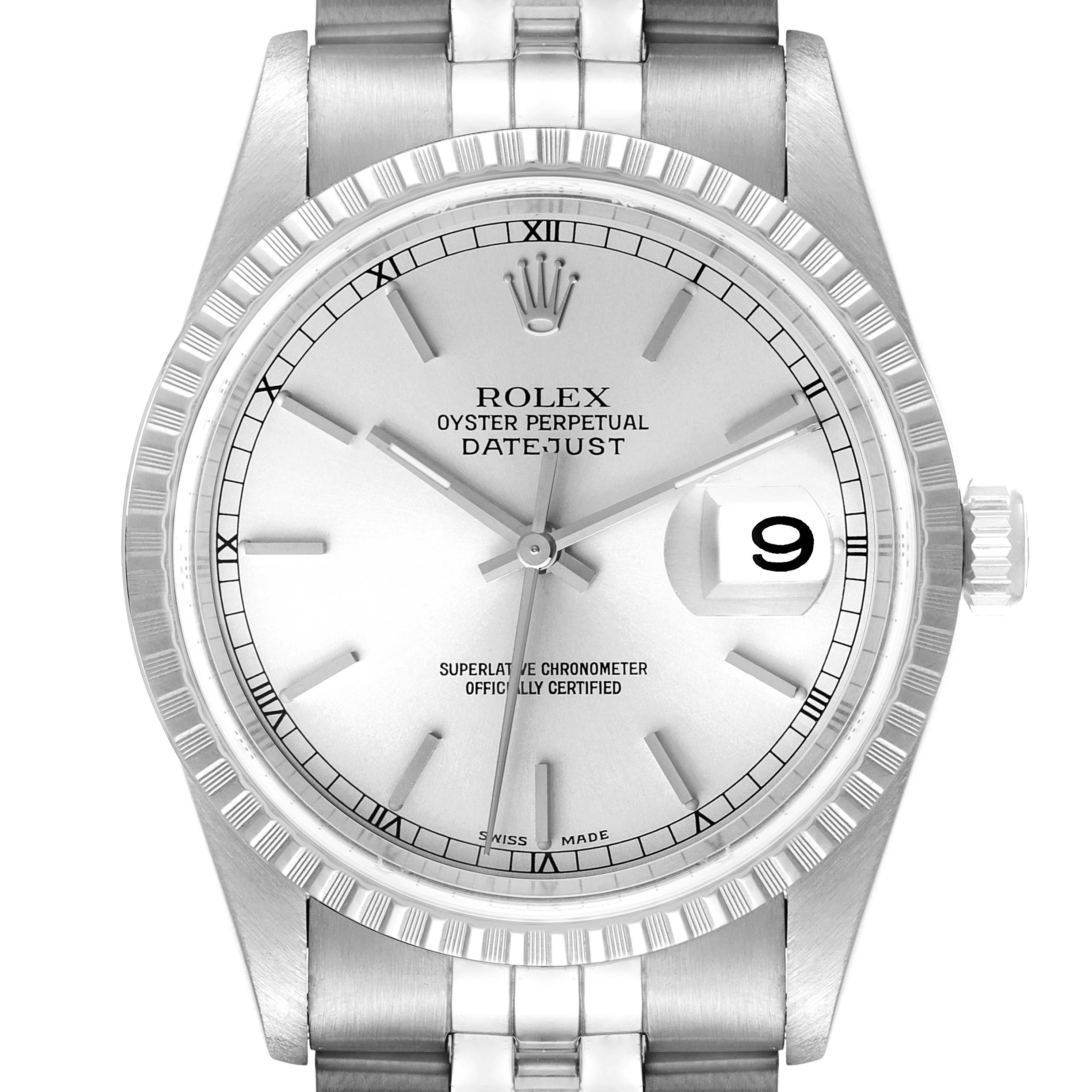 This image shows a front view of the Rolex Datejust 16220 Men's Stainless Steel Silver Dial 16220 Men's Stainless Steel Silver Dial watch, displaying the dial, hands, bezel, and part of the bracelet.