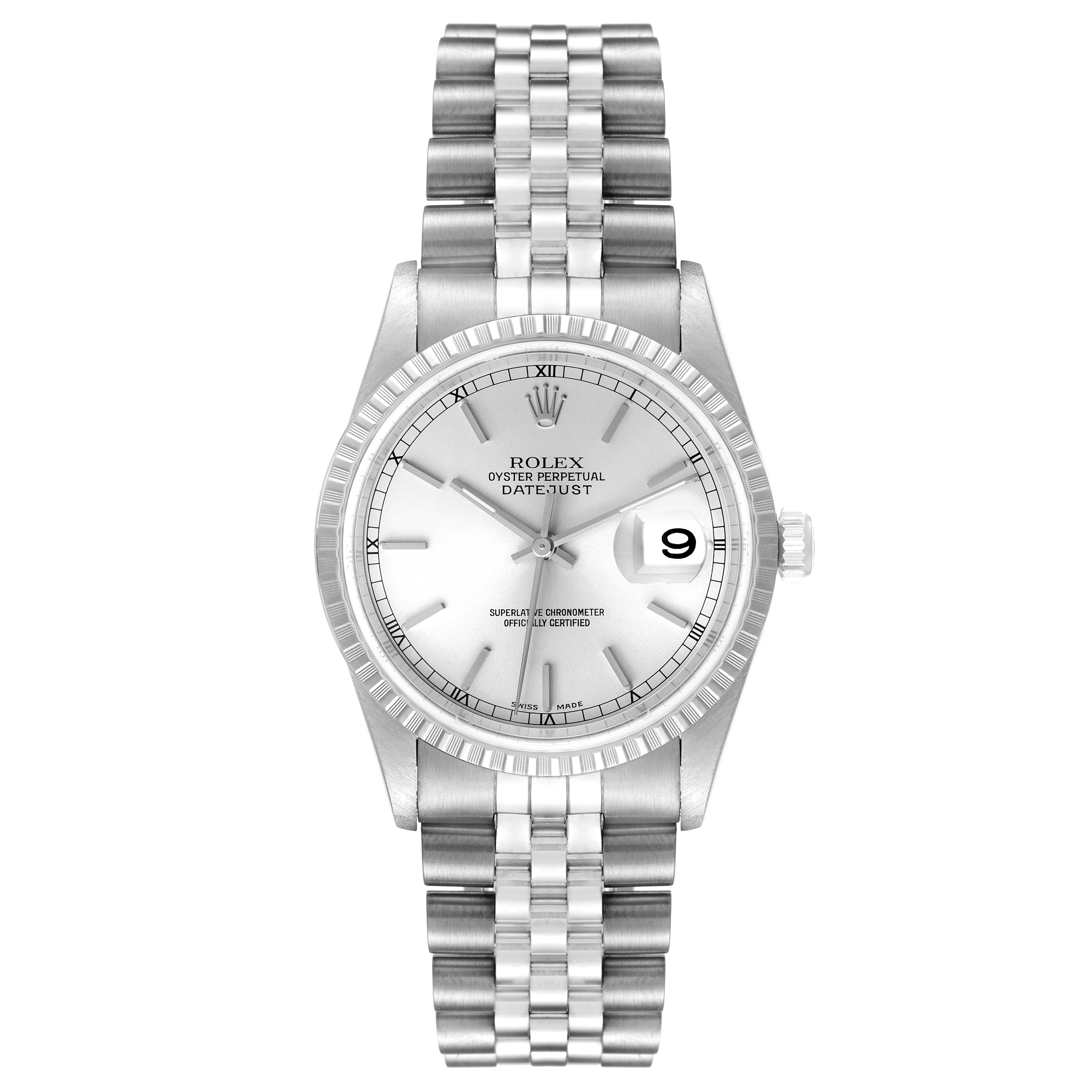 This Rolex Datejust 16220 Men's Stainless Steel Silver Dial 16220 Men's Stainless Steel Silver Dial watch is shown from a top-down angle, displaying the dial, bezel, and bracelet.