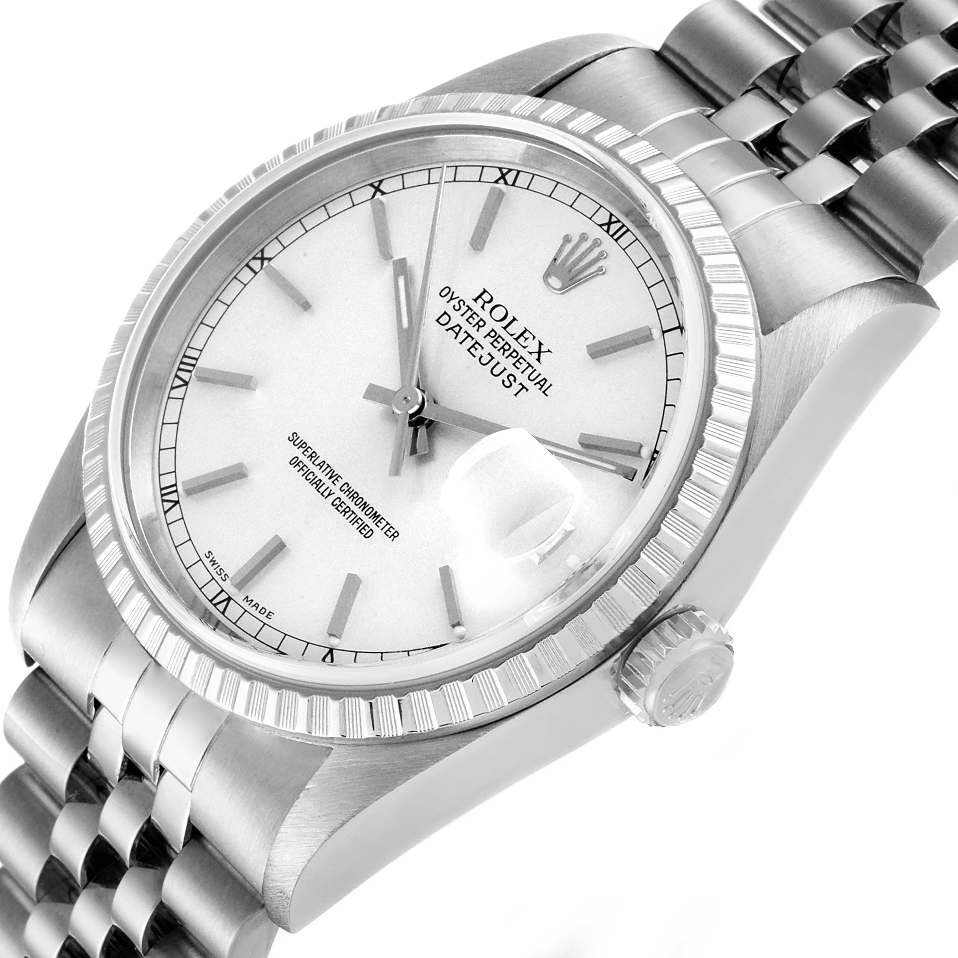 The image shows a Rolex Datejust 16220 Men's Stainless Steel Silver Dial 16220 Men's Stainless Steel Silver Dial watch from an angled top view, highlighting its dial, bezel, crown, and part of the bracelet.