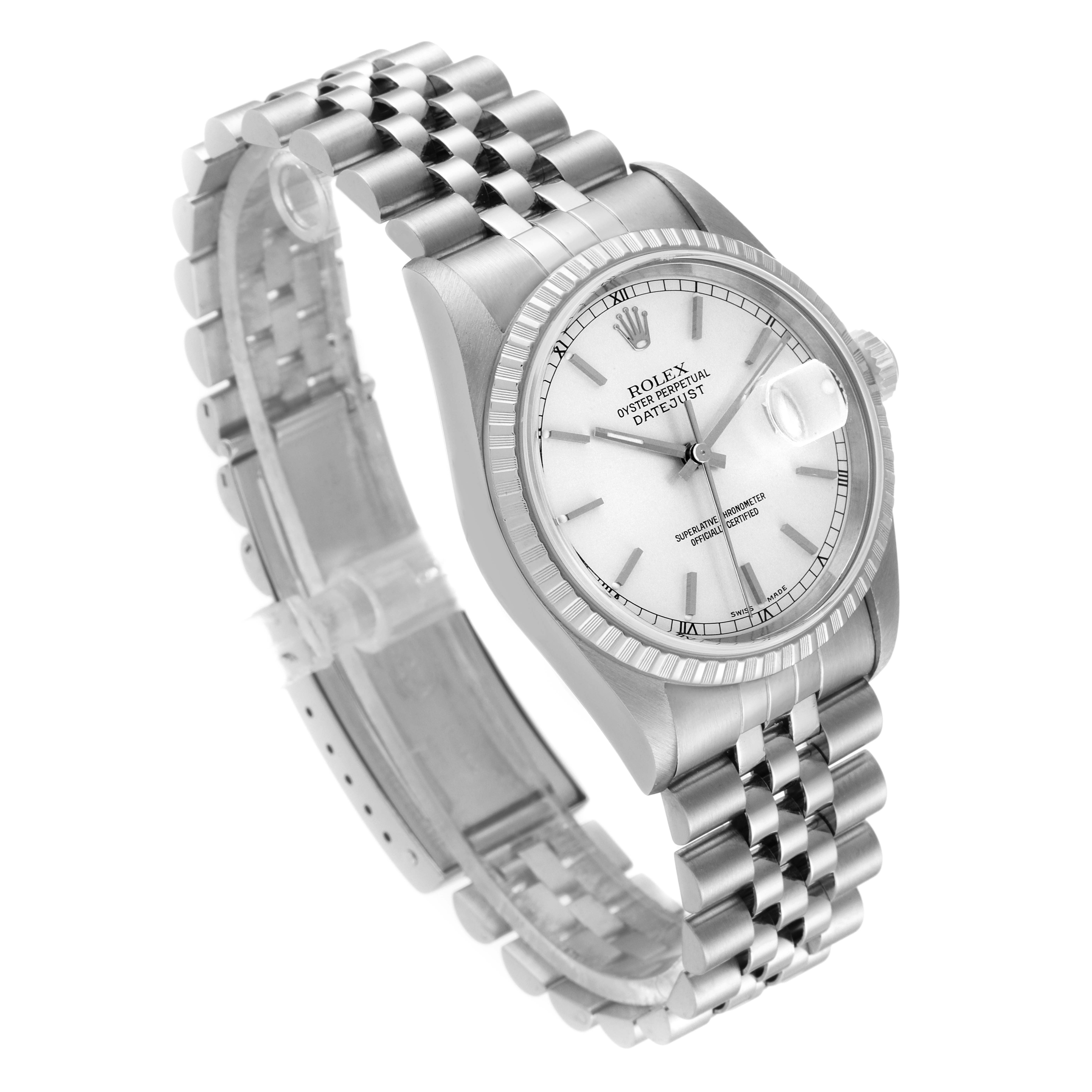 The image shows a Rolex Datejust 16220 Men's Stainless Steel Silver Dial 16220 Men's Stainless Steel Silver Dial watch from an angled top view, highlighting the dial, bezel, and bracelet.