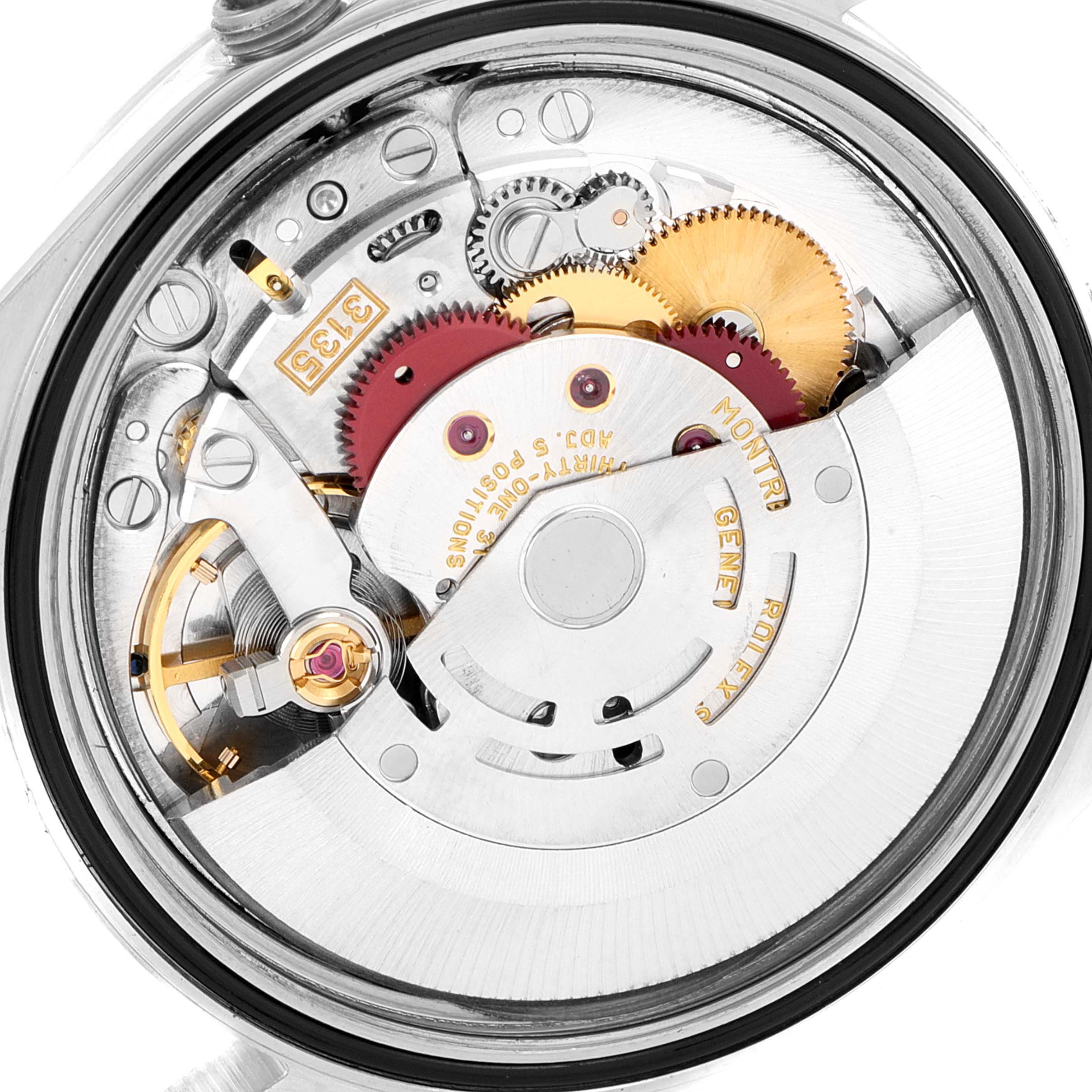 This image shows the intricate internal movement of the Rolex Datejust 16220 Men's Stainless Steel Silver Dial 16220 Men's Stainless Steel Silver Dial watch from a back angle.