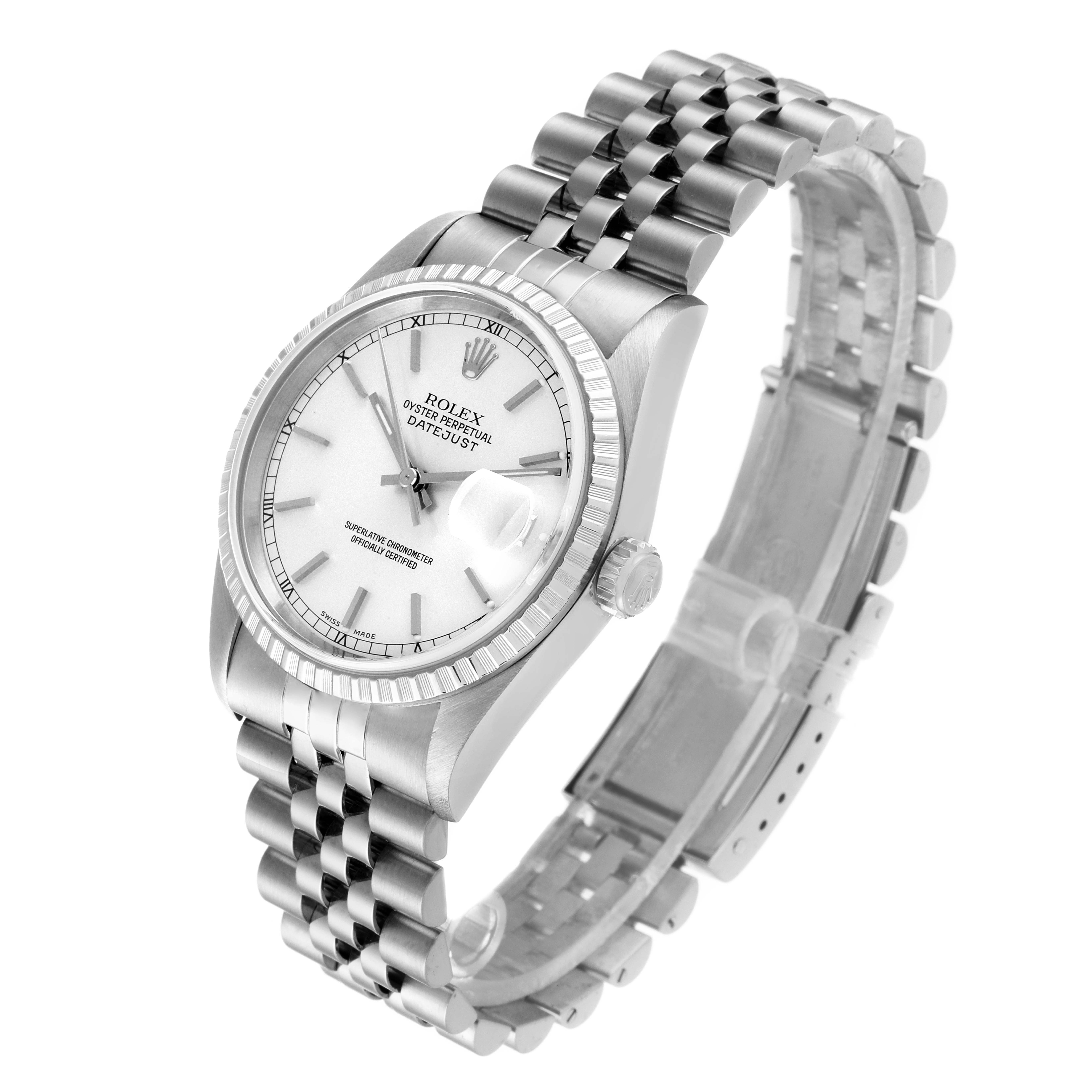 This image shows a Rolex Datejust 16220 Men's Stainless Steel Silver Dial 16220 Men's Stainless Steel Silver Dial watch from an angled perspective, highlighting the dial, bezel, crown, and bracelet.