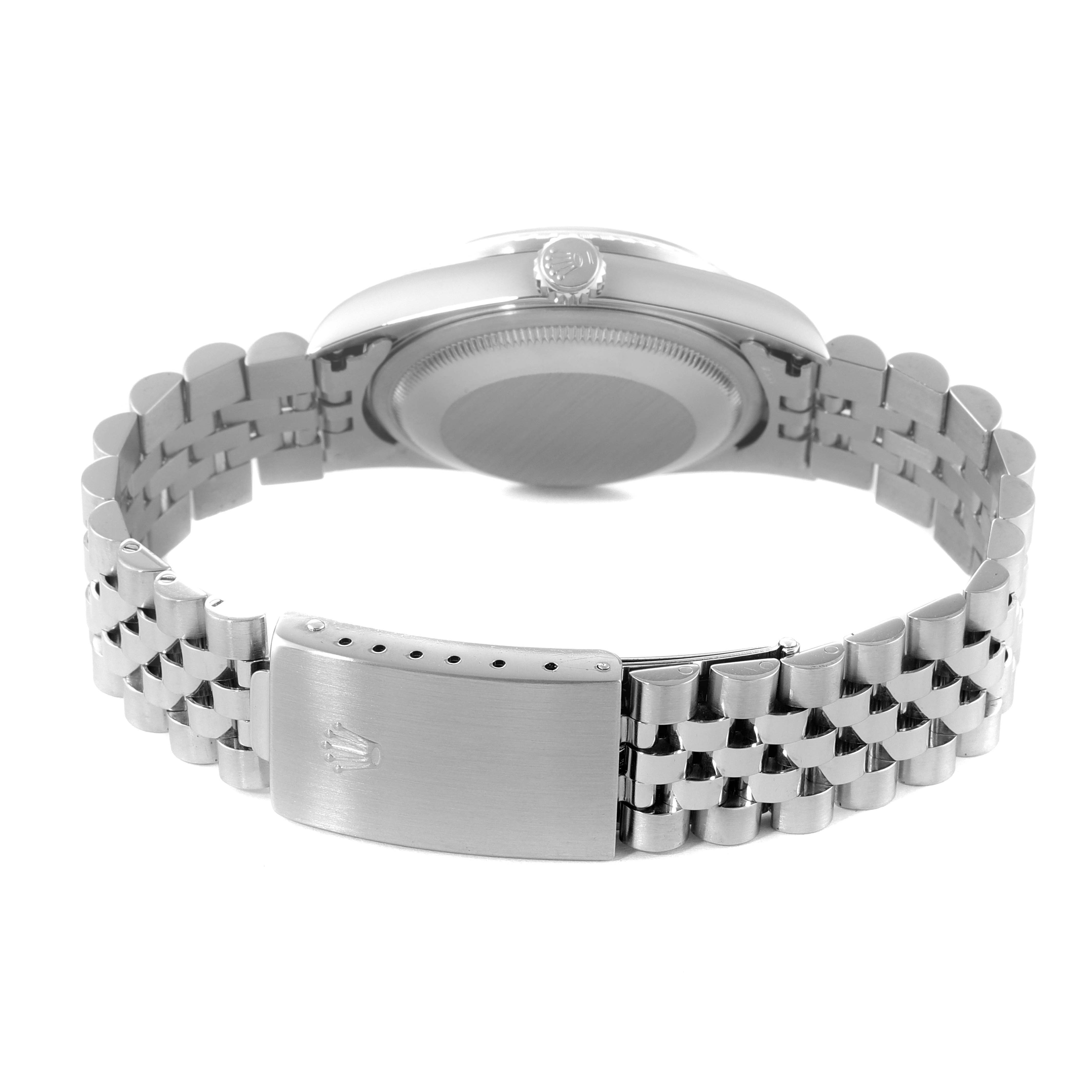 This image shows the back and clasp of a Rolex Datejust 16220 Men's Stainless Steel Silver Dial 16220 Men's Stainless Steel Silver Dial watch, highlighting its detailed bracelet and case back.