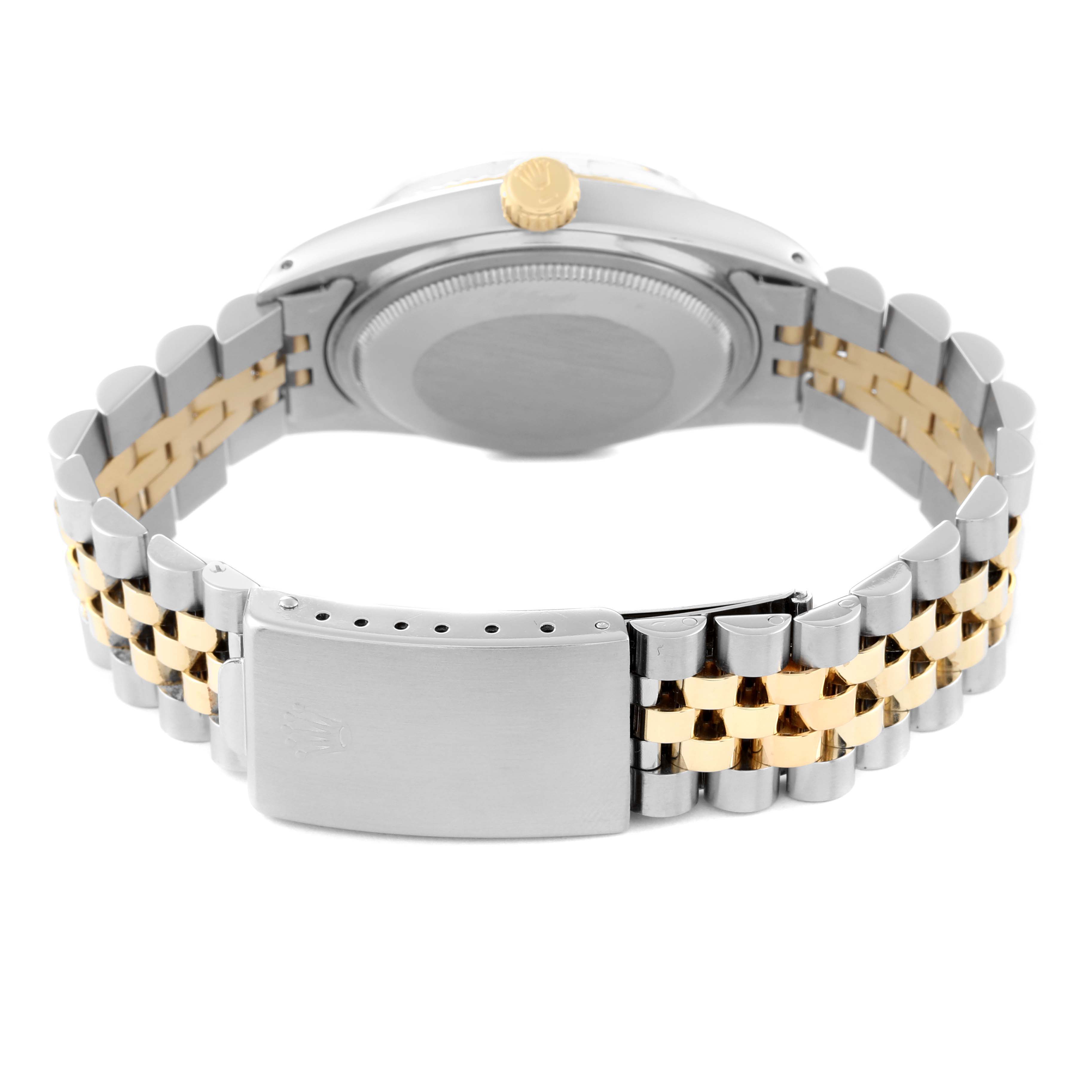 The image shows the back view of a Vintage Collection Rolex watch, highlighting its two-tone bracelet and clasp.