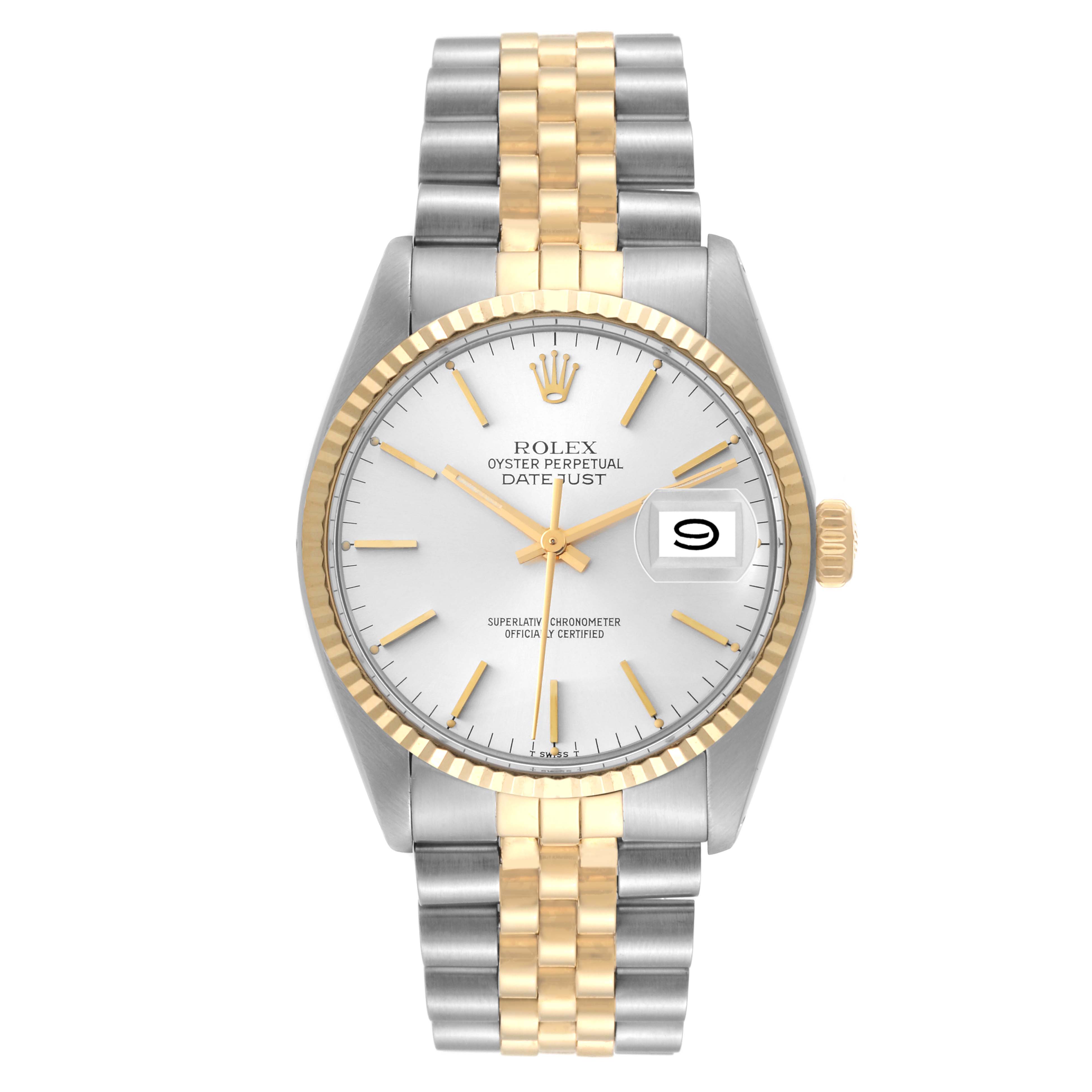 The image shows a front view of a Rolex Vintage Collection 16013 Men's Steel and Gold (two tone) Silver Dial 16013 Men's Steel and Gold (two tone) Silver Dial Datejust watch with a two-tone metal bracelet and a silver dial.