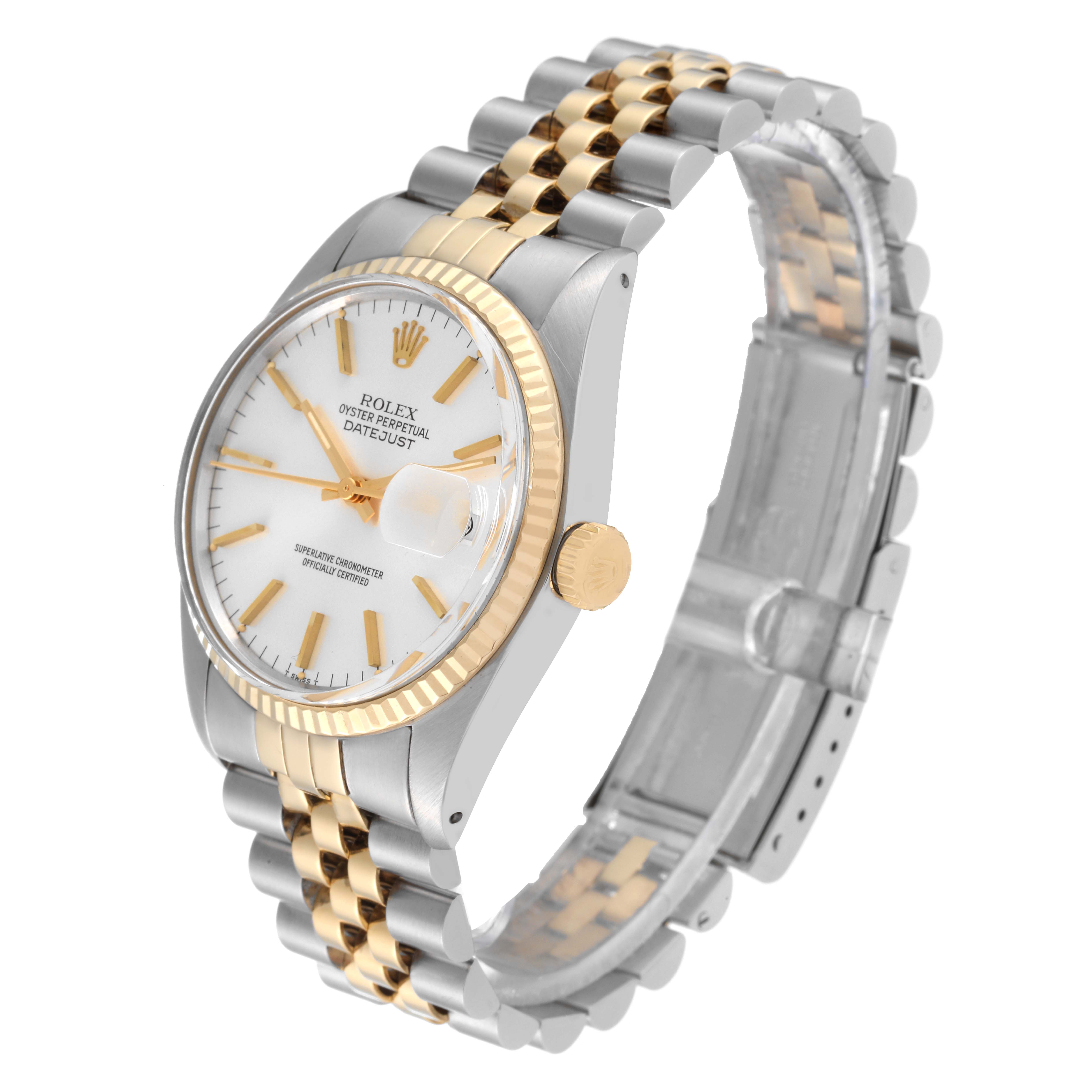 The Rolex Vintage Collection 16013 Men's Steel and Gold (two tone) Silver Dial 16013 Men's Steel and Gold (two tone) Silver Dial Datejust watch is shown at an angled side view displaying its dial, bezel, case, and two-tone bracelet.