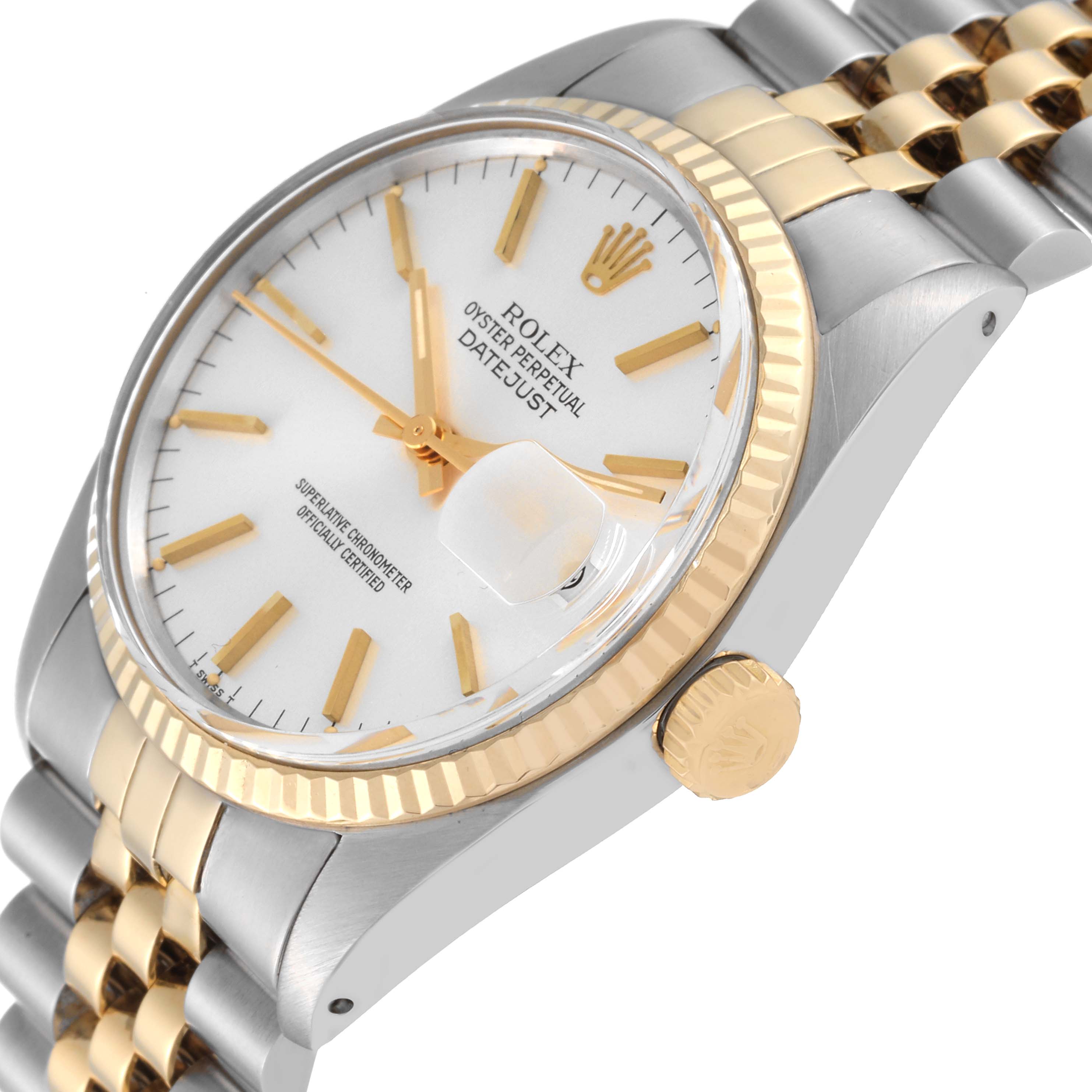 The image shows a close-up of the Rolex Vintage Collection 16013 Men's Steel and Gold (two tone) Silver Dial 16013 Men's Steel and Gold (two tone) Silver Dial Datejust, highlighting the dial, bezel, crown, and part of the bracelet.
