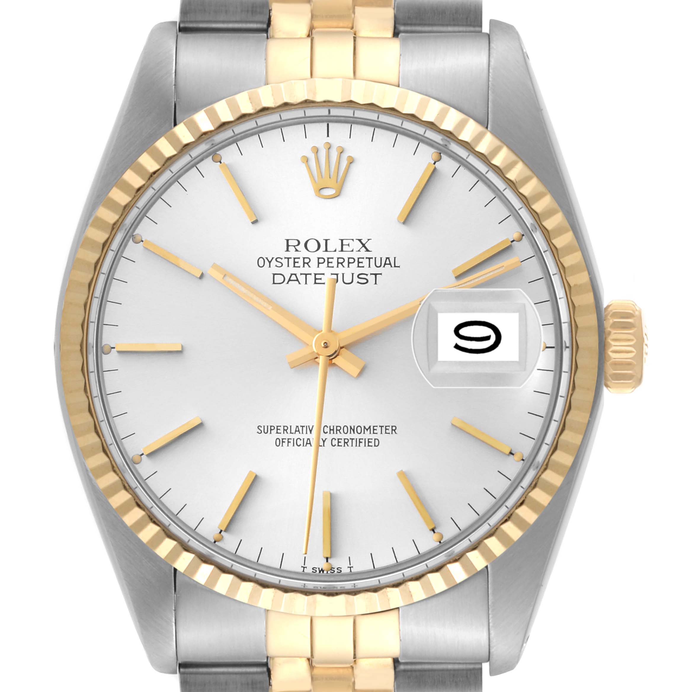 The image shows a close-up view of the Rolex Vintage Collection 16013 Men's Steel and Gold (two tone) Silver Dial 16013 Men's Steel and Gold (two tone) Silver Dial Oyster Perpetual Datejust, highlighting the dial and bezel.