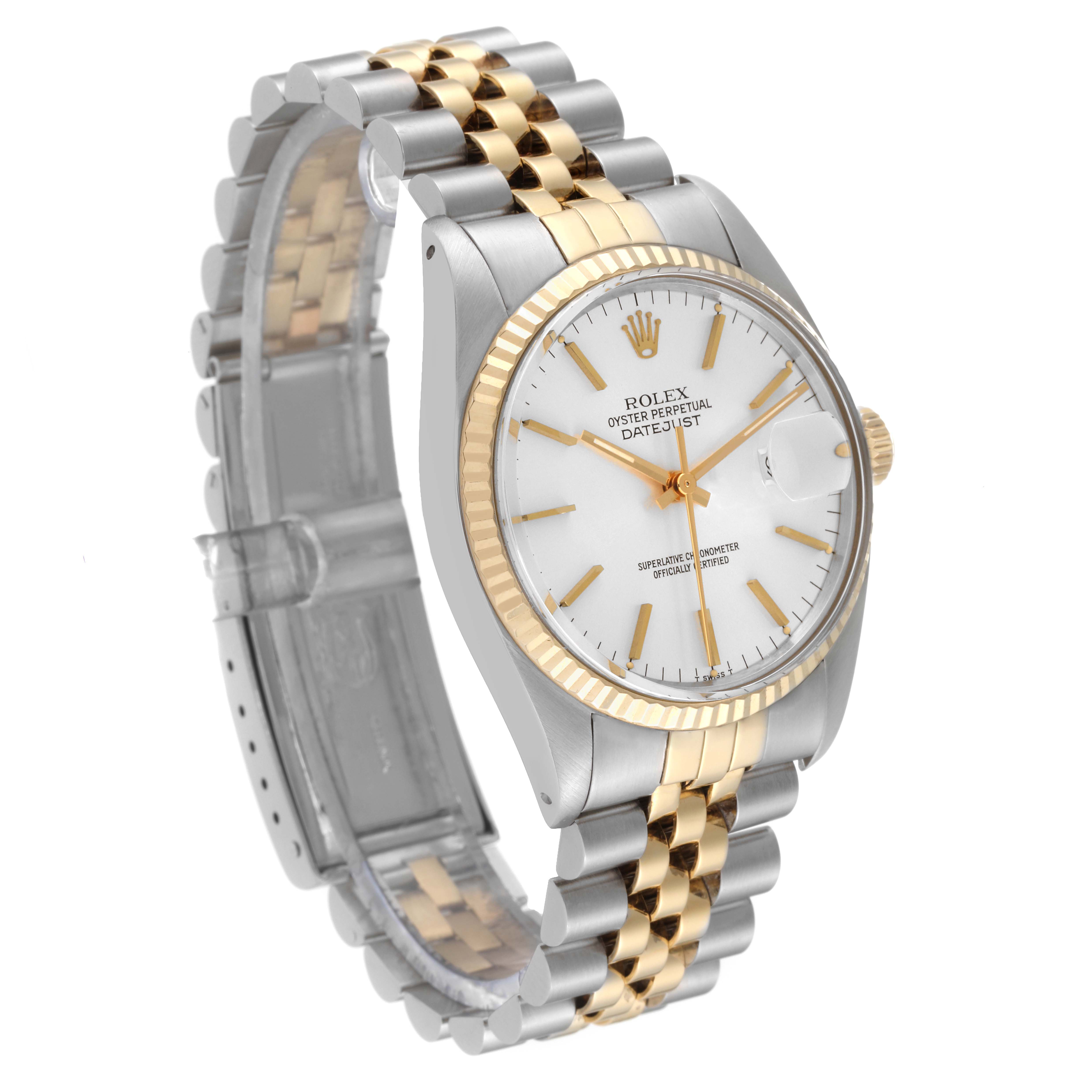 The image shows an angled view of the Rolex Vintage Collection 16013 Men's Steel and Gold (two tone) Silver Dial 16013 Men's Steel and Gold (two tone) Silver Dial model, highlighting its face, bezel, crown, and two-tone bracelet.