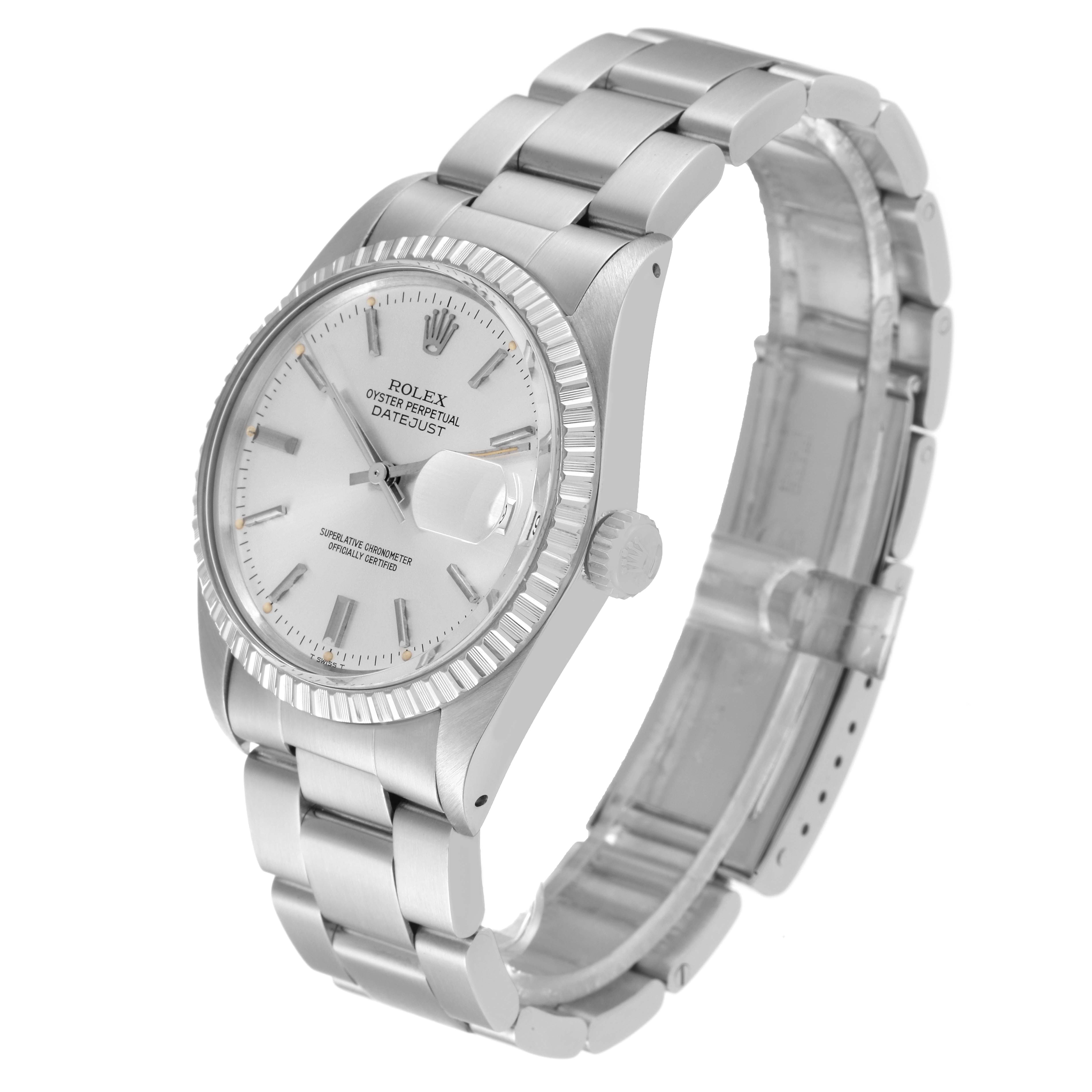 The image shows a side angle of the Rolex Vintage Collection 16030 Men's Stainless Steel Silver Dial 16030 Men's Stainless Steel Silver Dial Datejust watch, highlighting the face, band, and crown.