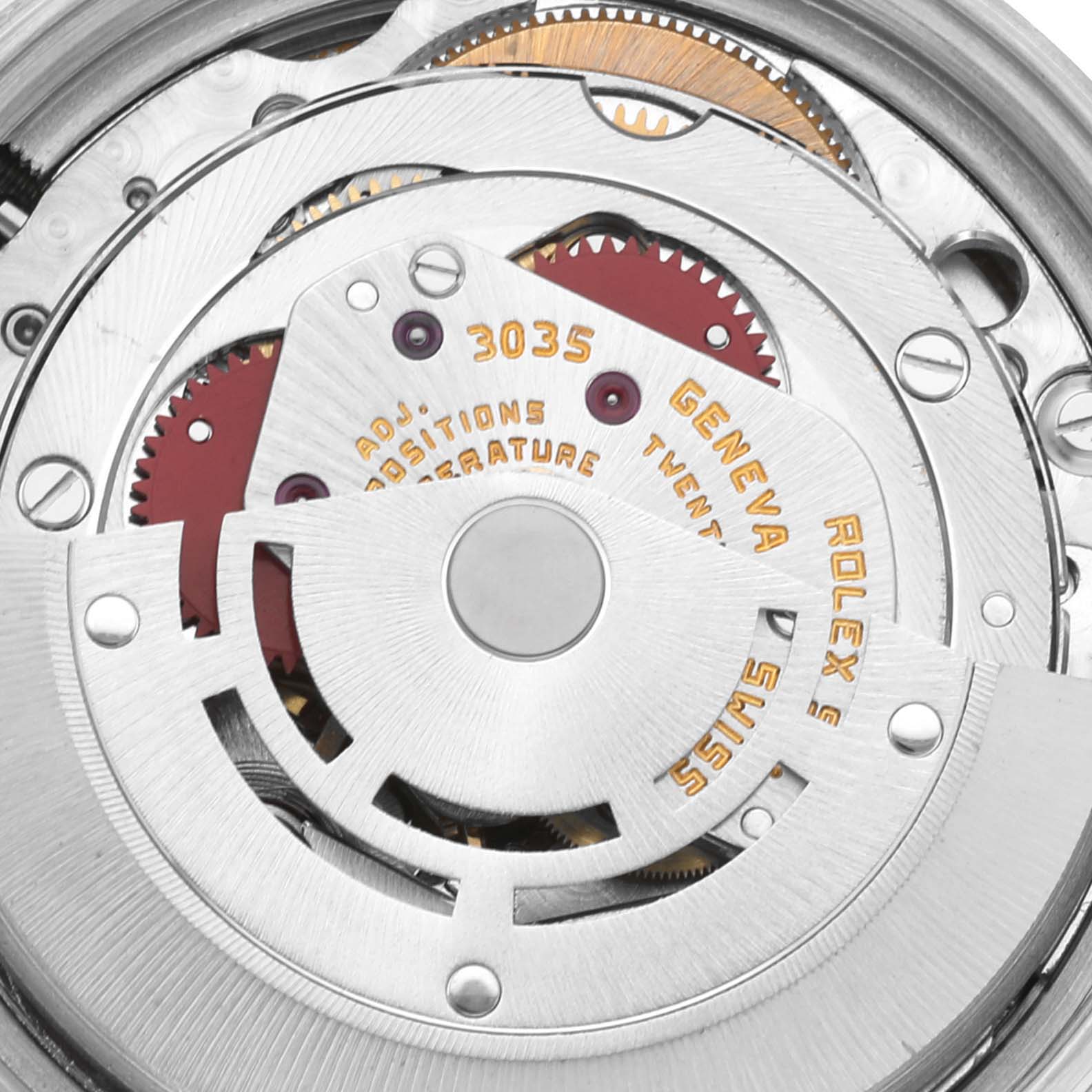 This close-up image shows the intricate inner mechanics of the Rolex Vintage Collection 16030 Men's Stainless Steel Silver Dial 16030 Men's Stainless Steel Silver Dial model 3035 watch.