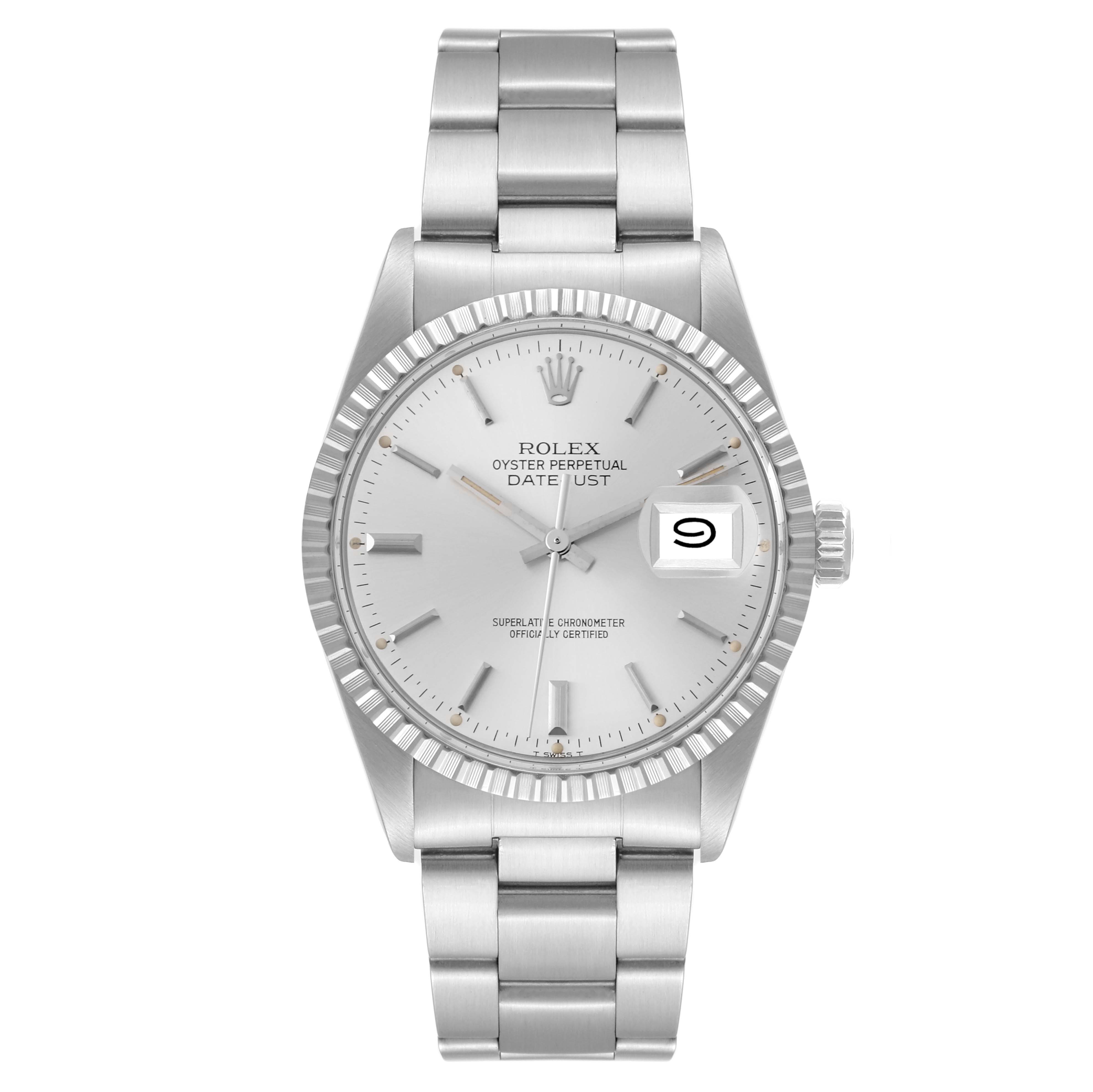 This image shows a front view of a Rolex Vintage Collection 16030 Men's Stainless Steel Silver Dial 16030 Men's Stainless Steel Silver Dial model watch, highlighting its face, dial, date feature, and bracelet.