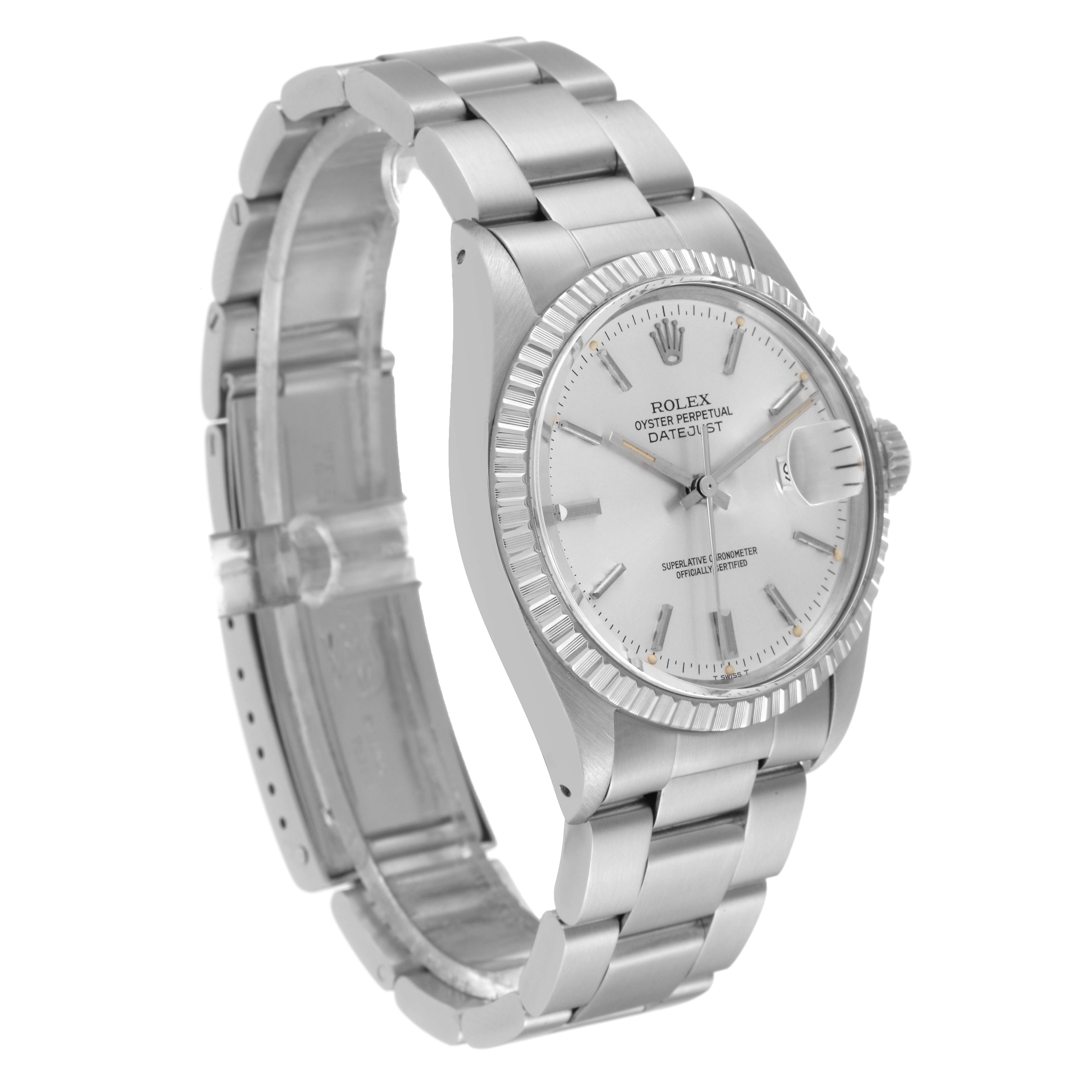 The image shows a side angle of a Rolex Vintage Collection 16030 Men's Stainless Steel Silver Dial 16030 Men's Stainless Steel Silver Dial Oyster Perpetual Datejust watch, highlighting the face, bezel, and bracelet.