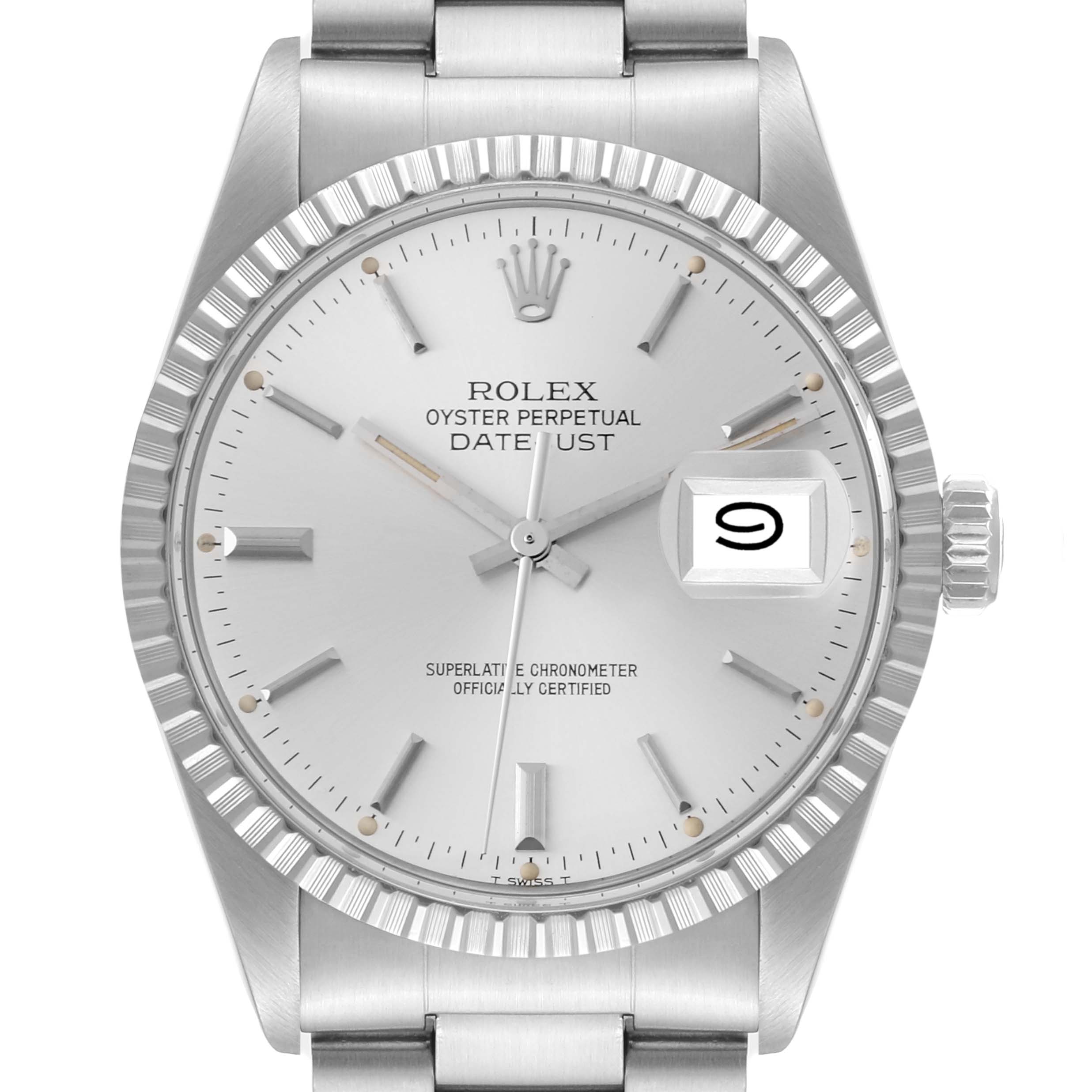 The image shows a frontal view of the Rolex Vintage Collection 16030 Men's Stainless Steel Silver Dial 16030 Men's Stainless Steel Silver Dial Datejust watch, highlighting the dial, bezel, and bracelet.