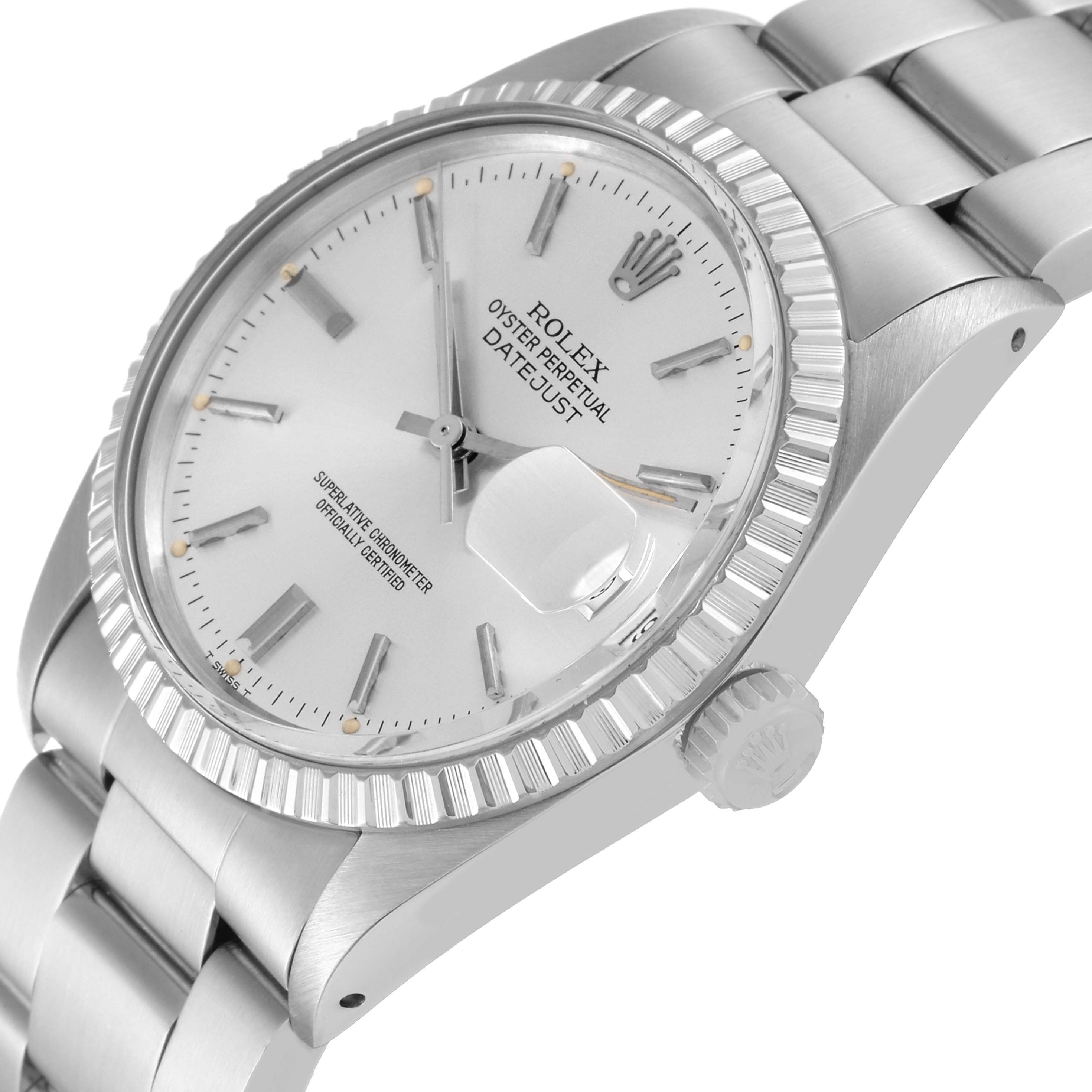 The image shows a close-up, angled view of the dial, bezel, case, and part of the bracelet of a Rolex Vintage Collection 16030 Men's Stainless Steel Silver Dial 16030 Men's Stainless Steel Silver Dial Oyster Perpetual Datejust watch.