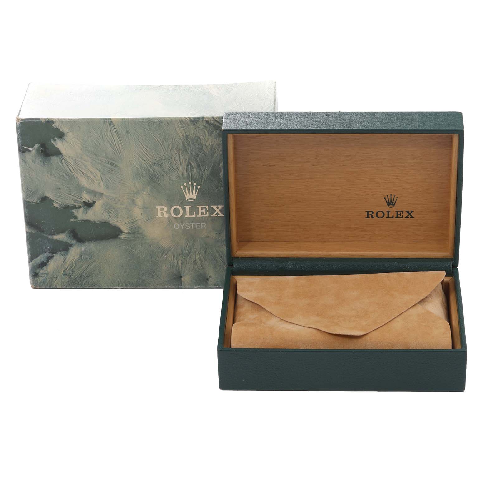 The image shows a Rolex Vintage Collection 16030 Men's Stainless Steel Silver Dial 16030 Men's Stainless Steel Silver Dial watch box and packaging, including an inner wooden box and outer marble-textured box.