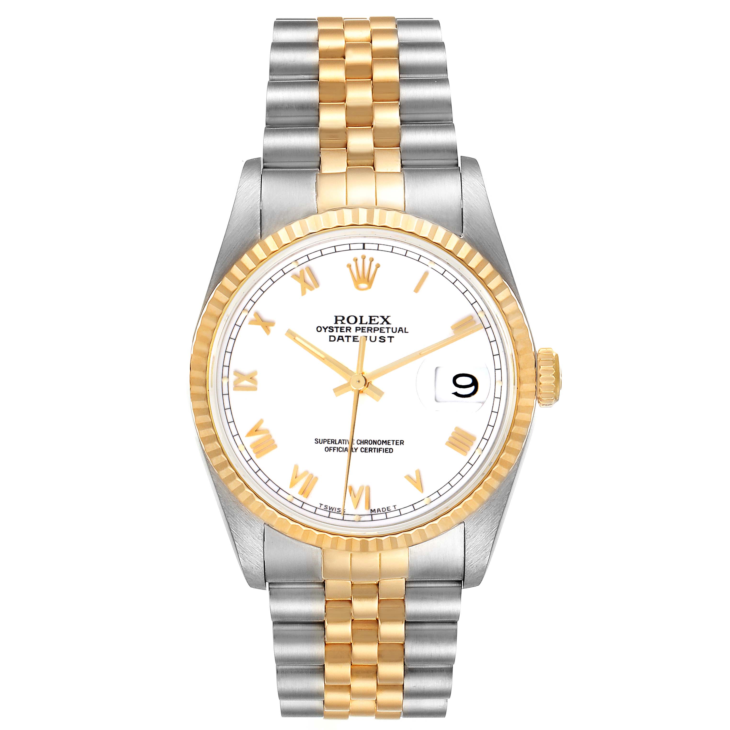This is a front view of a Rolex Datejust 16233 Men's Steel and Gold (two tone) White Dial 16233 Men's Steel and Gold (two tone) White Dial watch, showcasing its two-tone bracelet, fluted bezel, and date window.