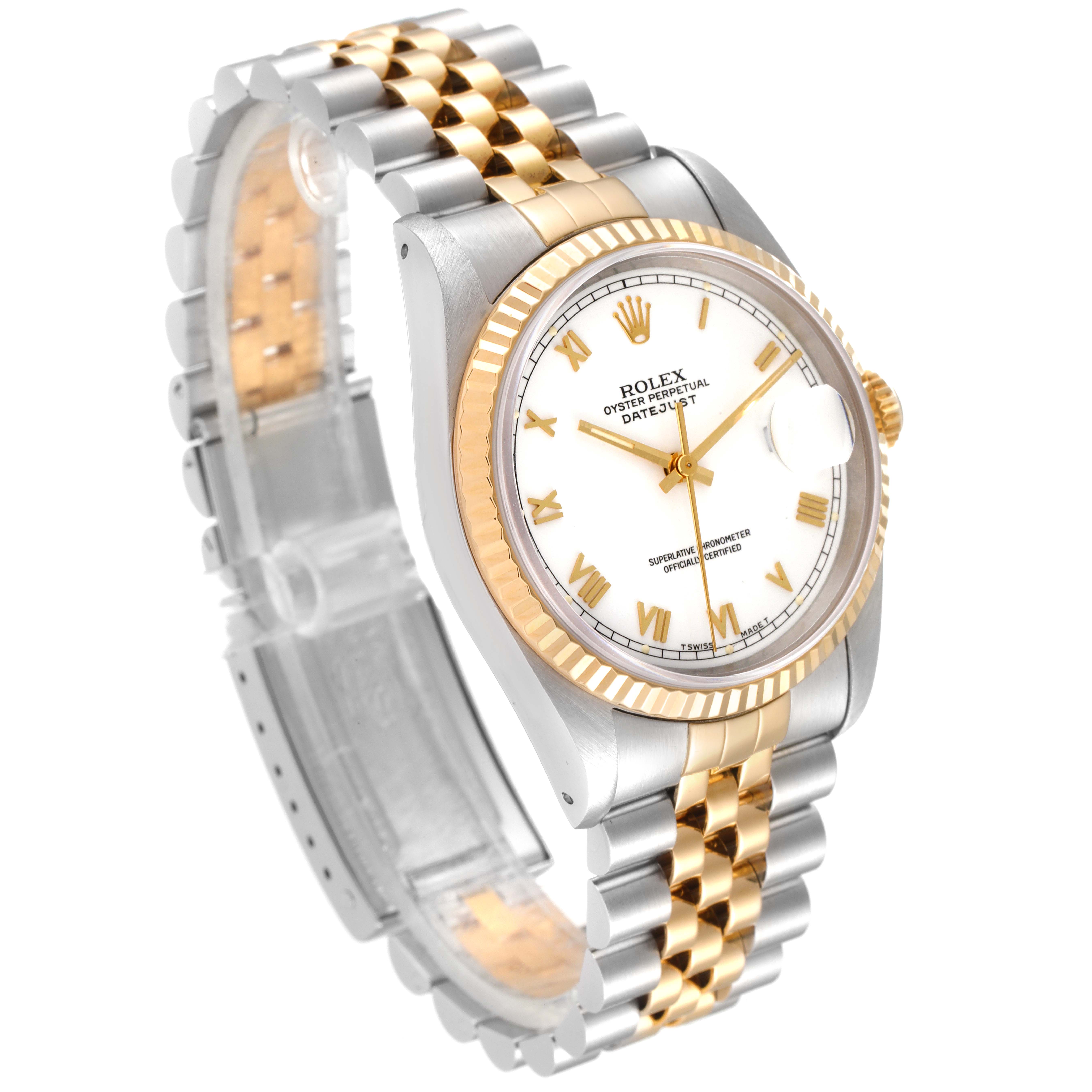 The Rolex Datejust 16233 Men's Steel and Gold (two tone) White Dial 16233 Men's Steel and Gold (two tone) White Dial model watch is shown at an angled side view, featuring a two-tone bracelet, white dial, and gold accents.