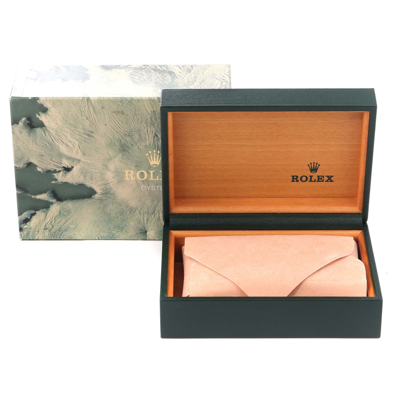 The image shows a Rolex Datejust 16233 Men's Steel and Gold (two tone) White Dial 16233 Men's Steel and Gold (two tone) White Dial watch box and packaging, open to reveal the interior and a protective pouch.