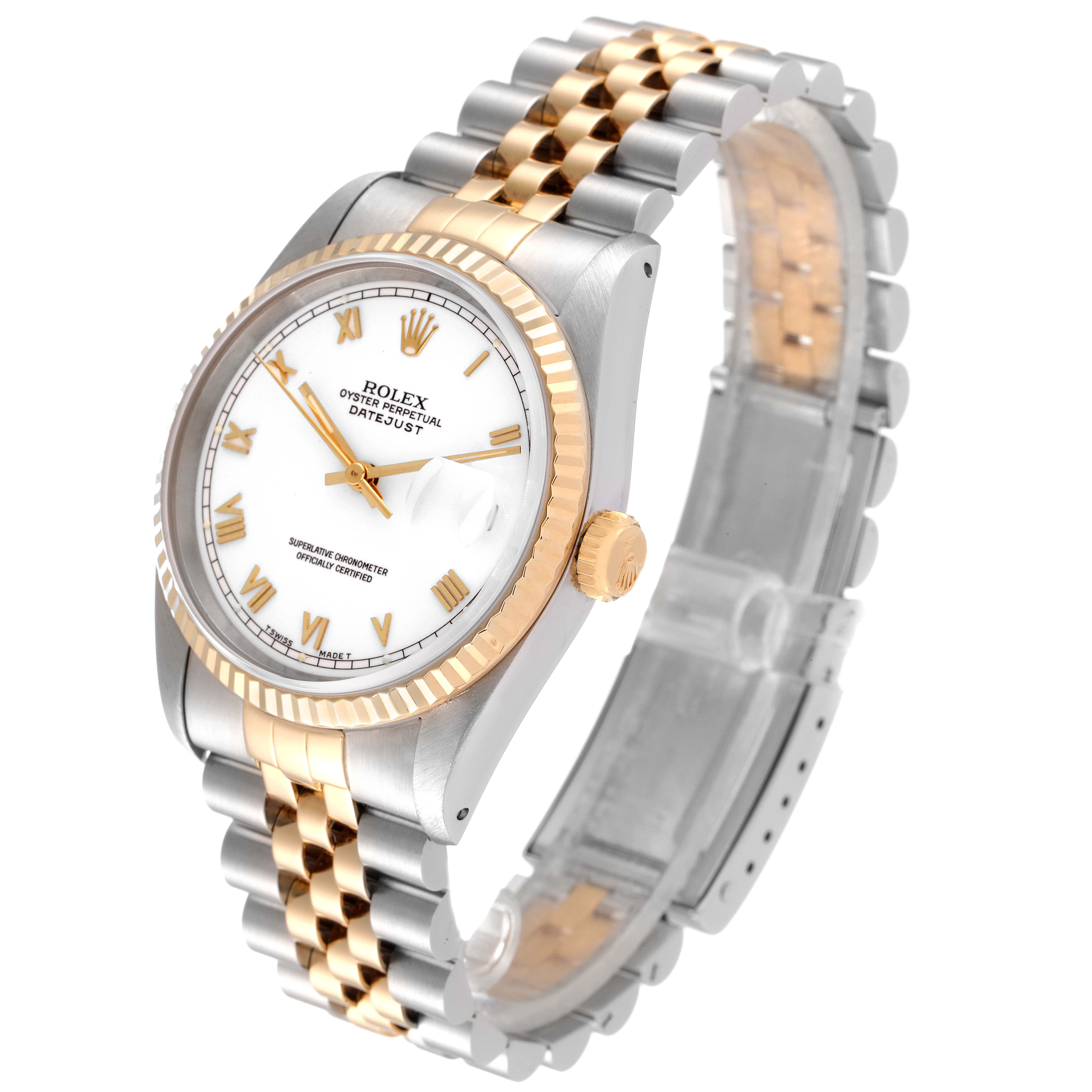 The image shows a Rolex Datejust 16233 Men's Steel and Gold (two tone) White Dial 16233 Men's Steel and Gold (two tone) White Dial watch at a tilted angle, highlighting its dial, fluted bezel, and two-tone bracelet.