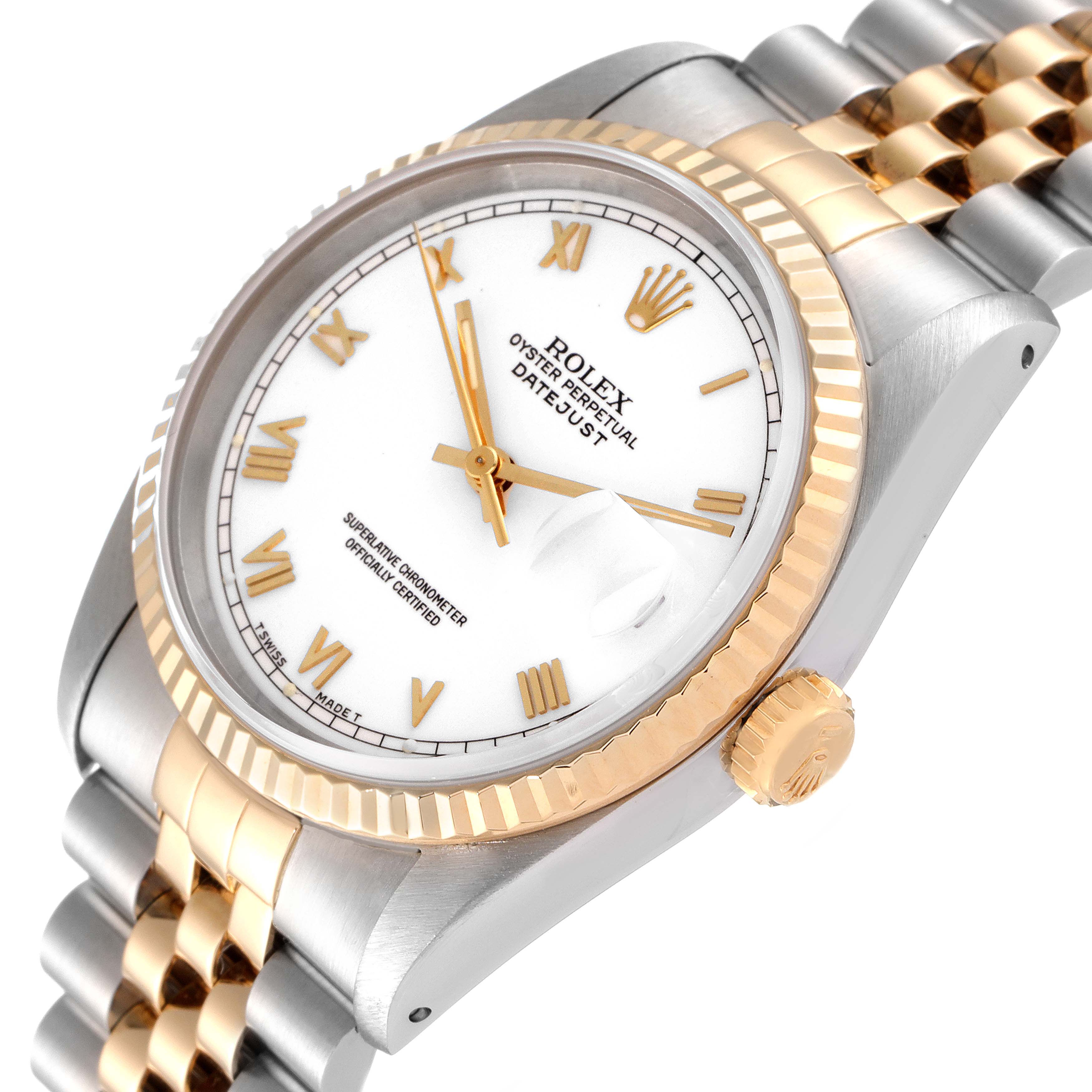 The Rolex Datejust 16233 Men's Steel and Gold (two tone) White Dial 16233 Men's Steel and Gold (two tone) White Dial watch is shown at a slight angle, highlighting its gold and silver-tone bezel, crown, and portion of the bracelet.
