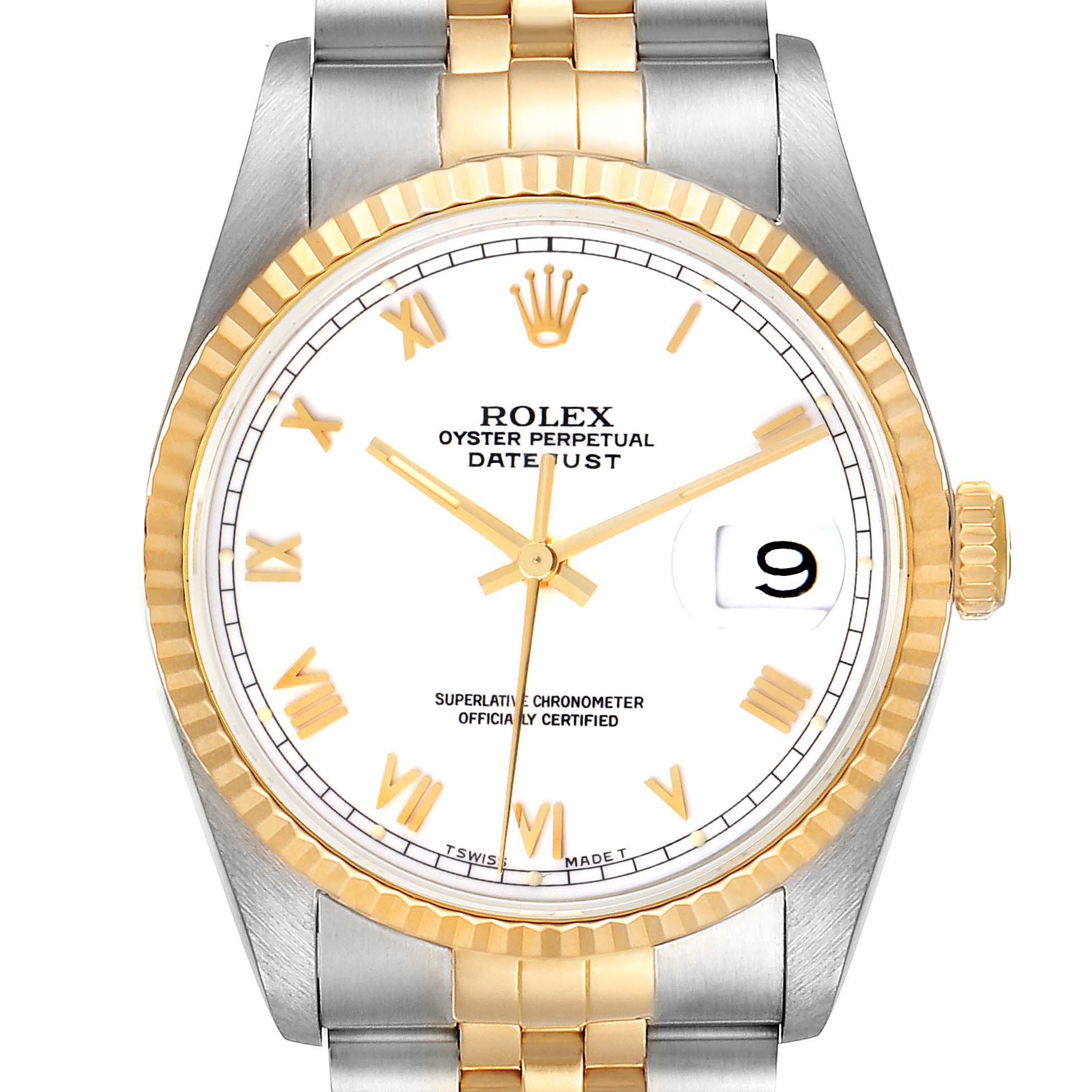 The image shows a front view of a Rolex Datejust 16233 Men's Steel and Gold (two tone) White Dial 16233 Men's Steel and Gold (two tone) White Dial watch, highlighting its dial, bezel, crown, and bracelet.