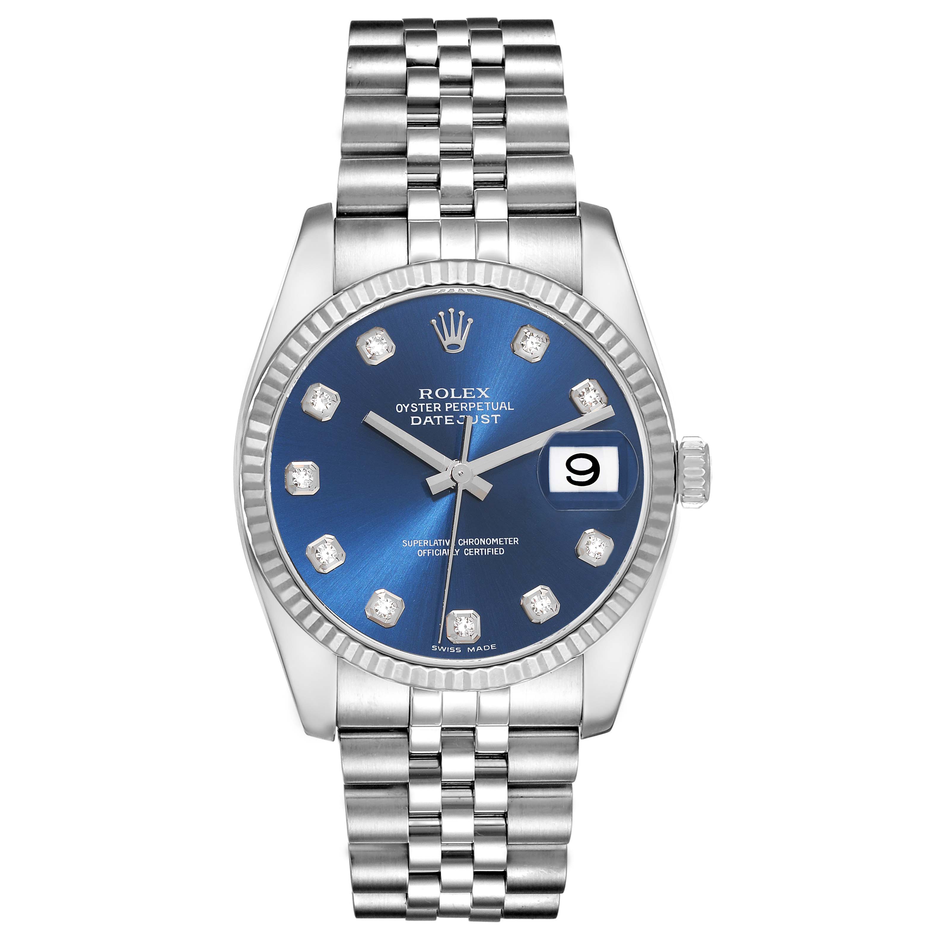 This image shows a front view of the Rolex Datejust 116234 Men's Stainless Steel Blue Dial 116234 Men's Stainless Steel Blue Dial watch with a blue dial and silver bracelet.