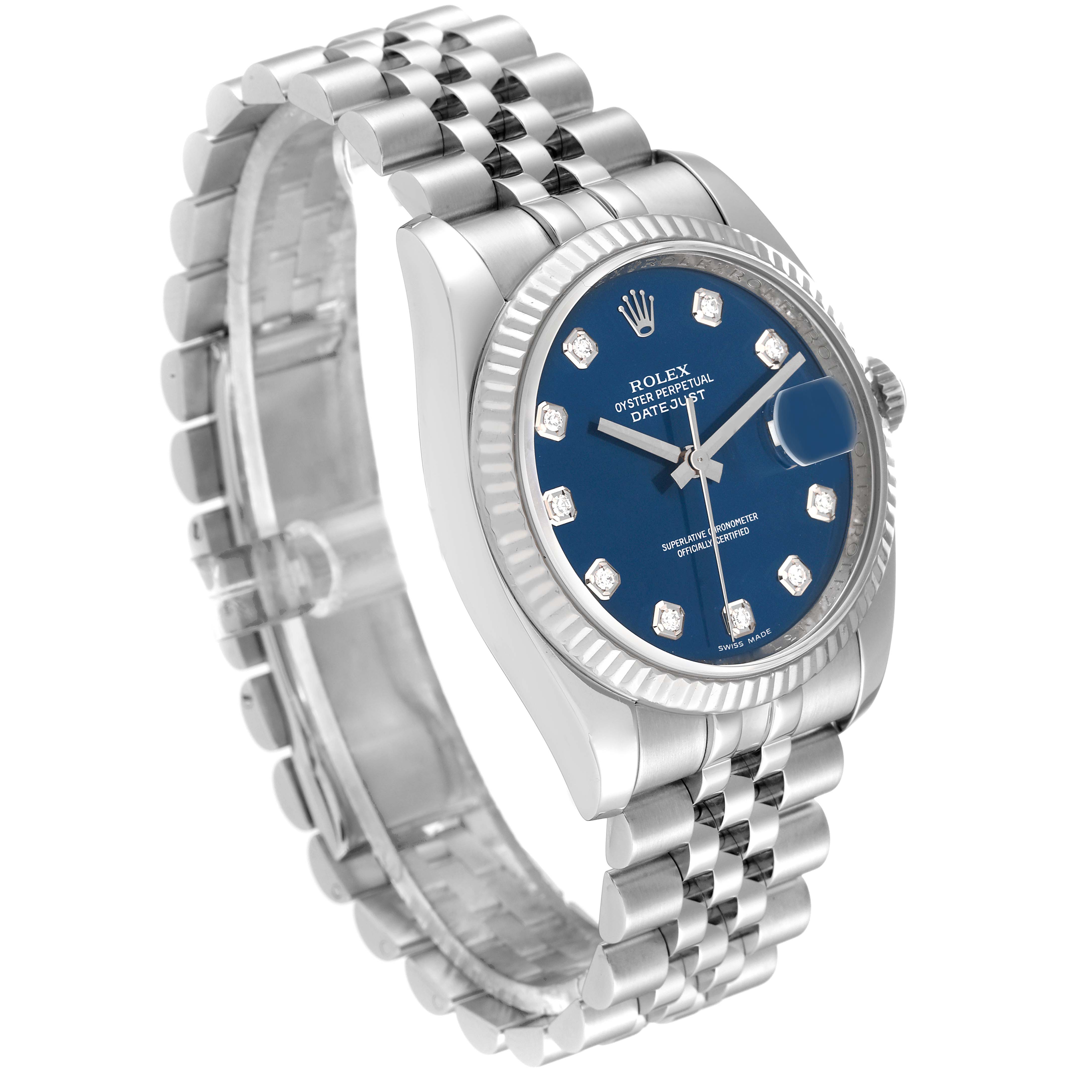 The image shows a Rolex Datejust 116234 Men's Stainless Steel Blue Dial 116234 Men's Stainless Steel Blue Dial watch at an angled side view, highlighting its blue dial, fluted bezel, and jubilee bracelet.