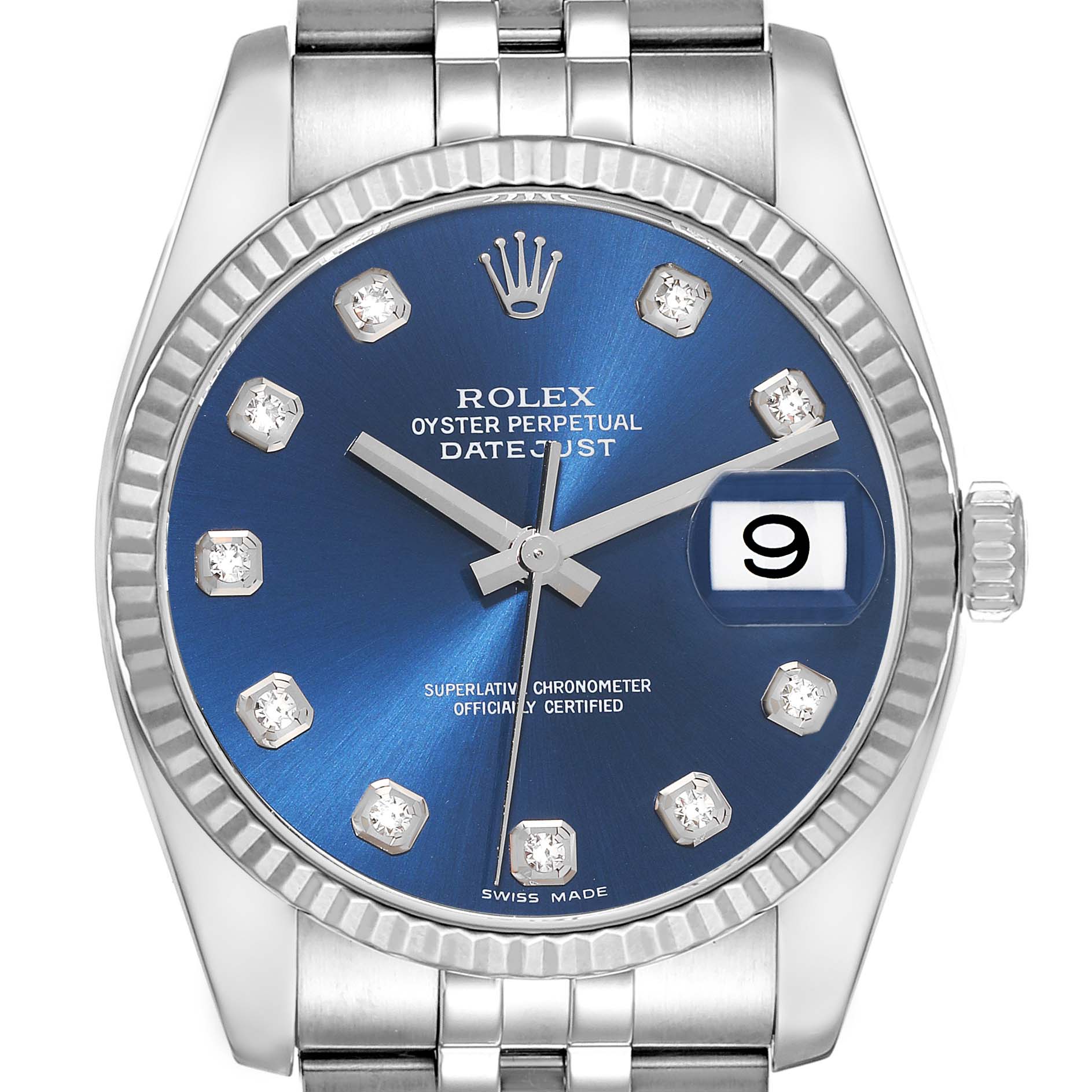 This image shows the Rolex Datejust 116234 Men's Stainless Steel Blue Dial 116234 Men's Stainless Steel Blue Dial watch from a front angle, highlighting the blue dial, date window, and bezel.