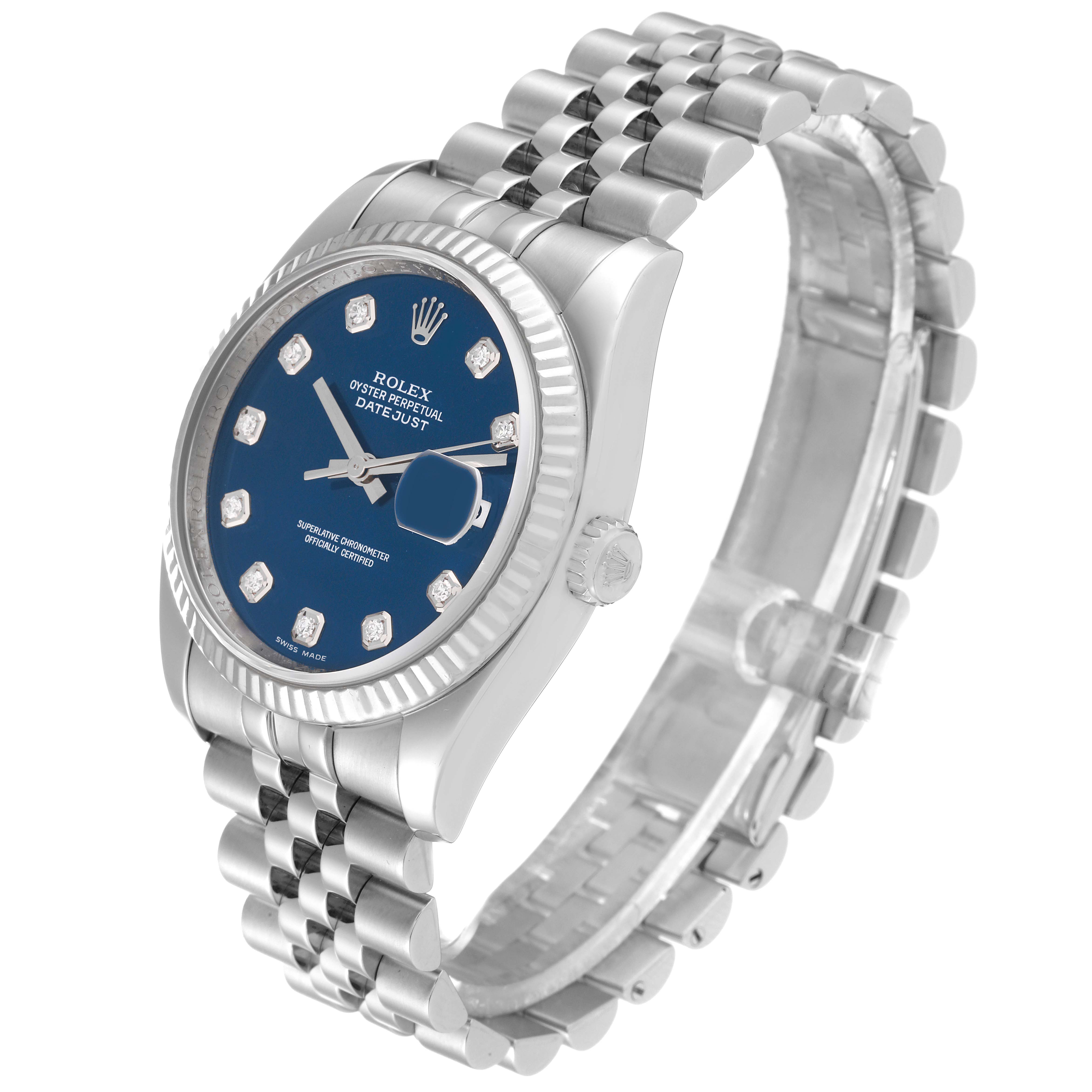 This image shows a Rolex Datejust 116234 Men's Stainless Steel Blue Dial 116234 Men's Stainless Steel Blue Dial watch from a three-quarter angle, highlighting the face, bezel, crown, and bracelet.