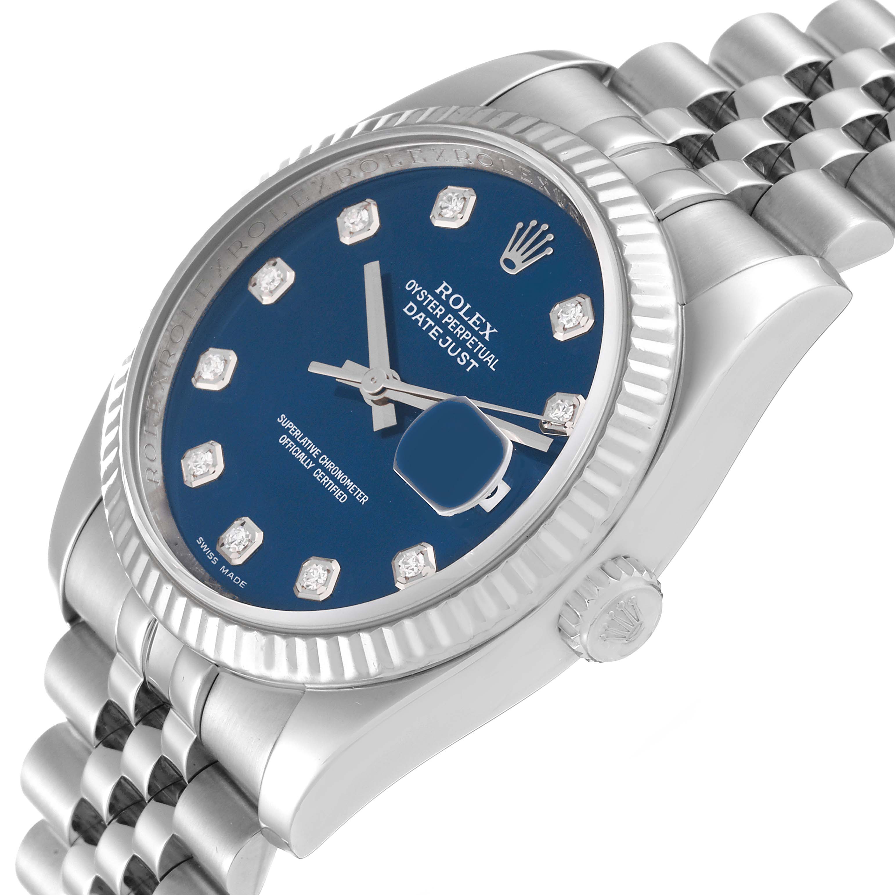 This Rolex Datejust 116234 Men's Stainless Steel Blue Dial 116234 Men's Stainless Steel Blue Dial watch is shown at an angled view, highlighting the face, bezel, crown, and part of the bracelet.